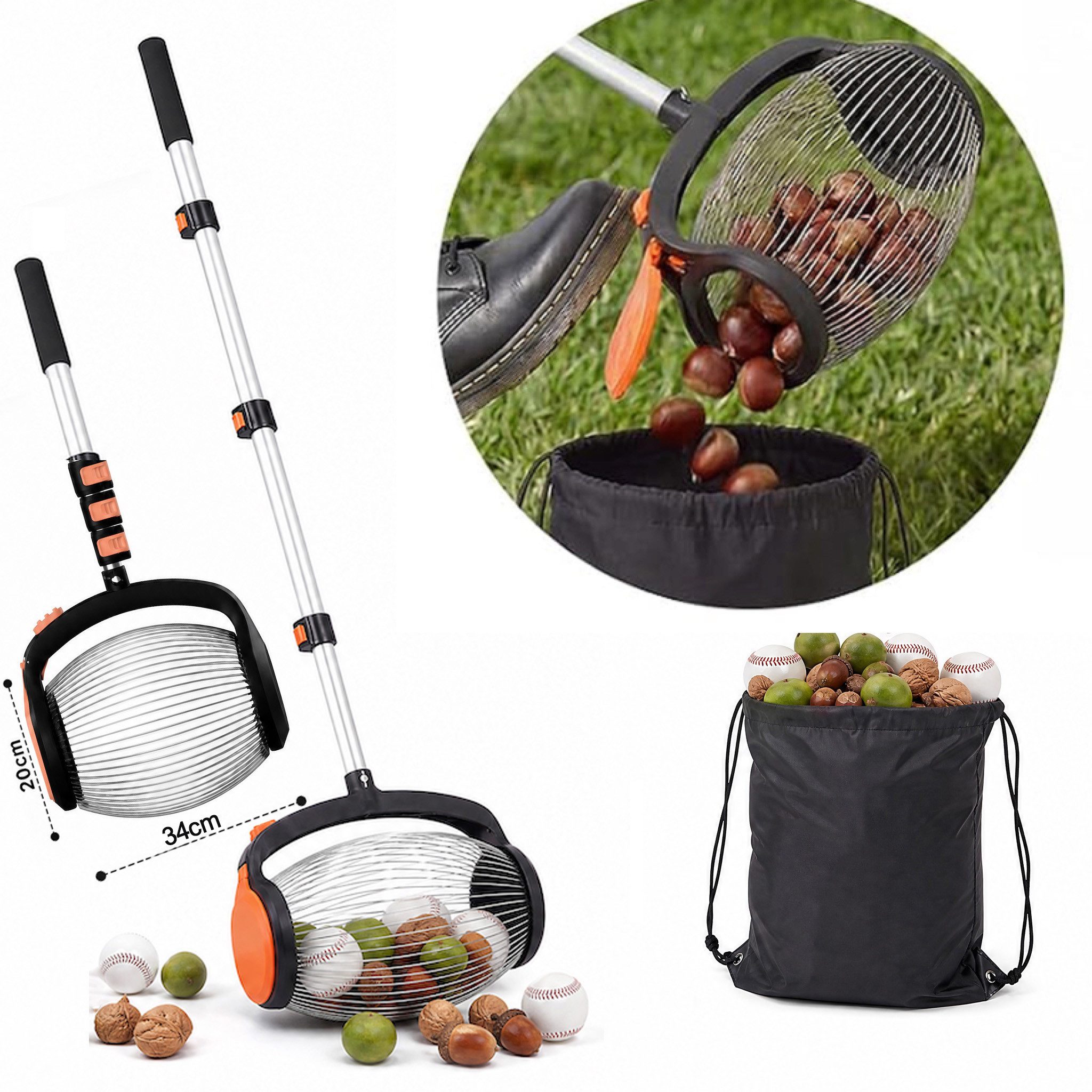 Hausprofi Rollsammler Nusssammler Ø34cm, Teleskopstiel 37-110cm, Ohne Bücken, 34 cm Arbeitsbreite, Obstsammler für Walnüsse Äpfel Eicheln, Pedalbetätigte Seitenöffnung