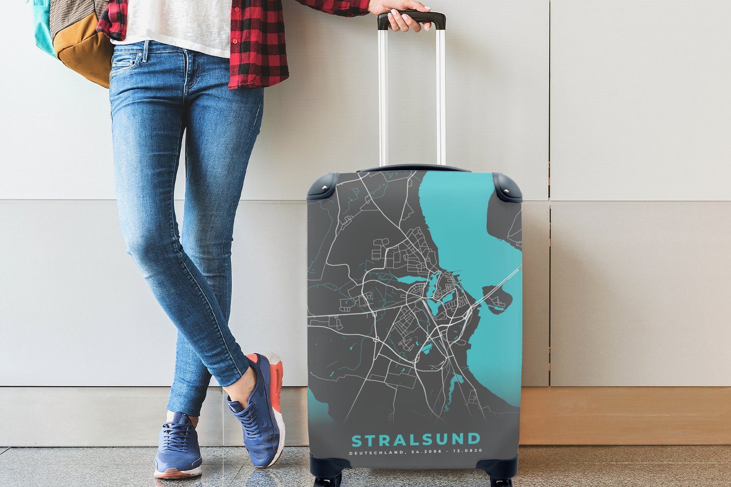 Reisetasche - Stralsund- Ferien, Handgepäckkoffer Rollen, Deutschland - Handgepäck 4 Karte, für Reisekoffer MuchoWow Blau Stadtplan - Trolley, rollen, mit
