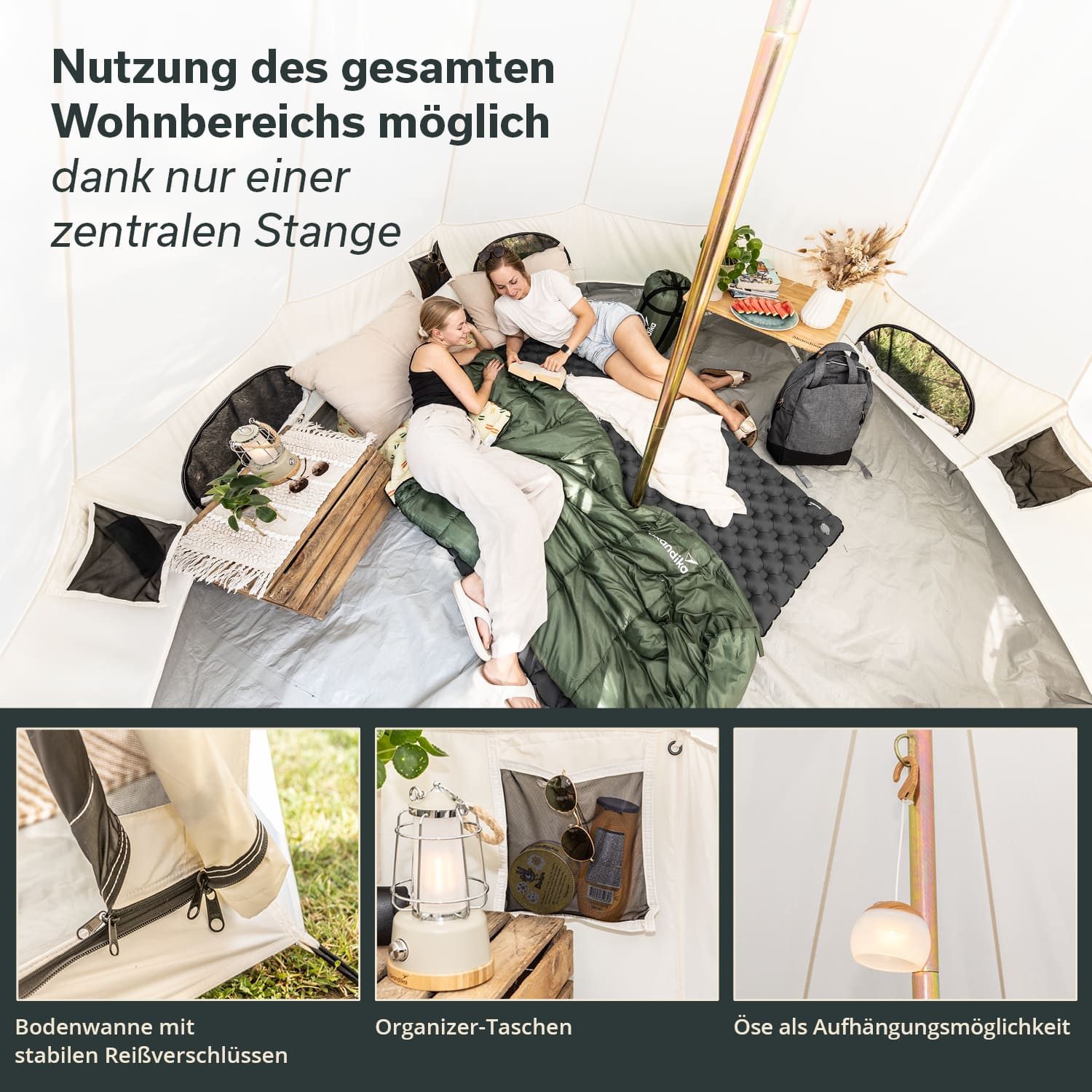 Skandika Tipi-Zelt Tipii 300 Technical Cotton, Glampingzelt mit eingenähtem Zeltboden, 4000 mm Wassersäule, Moskitonetz, wasserdicht, Festivalzelt, Camping