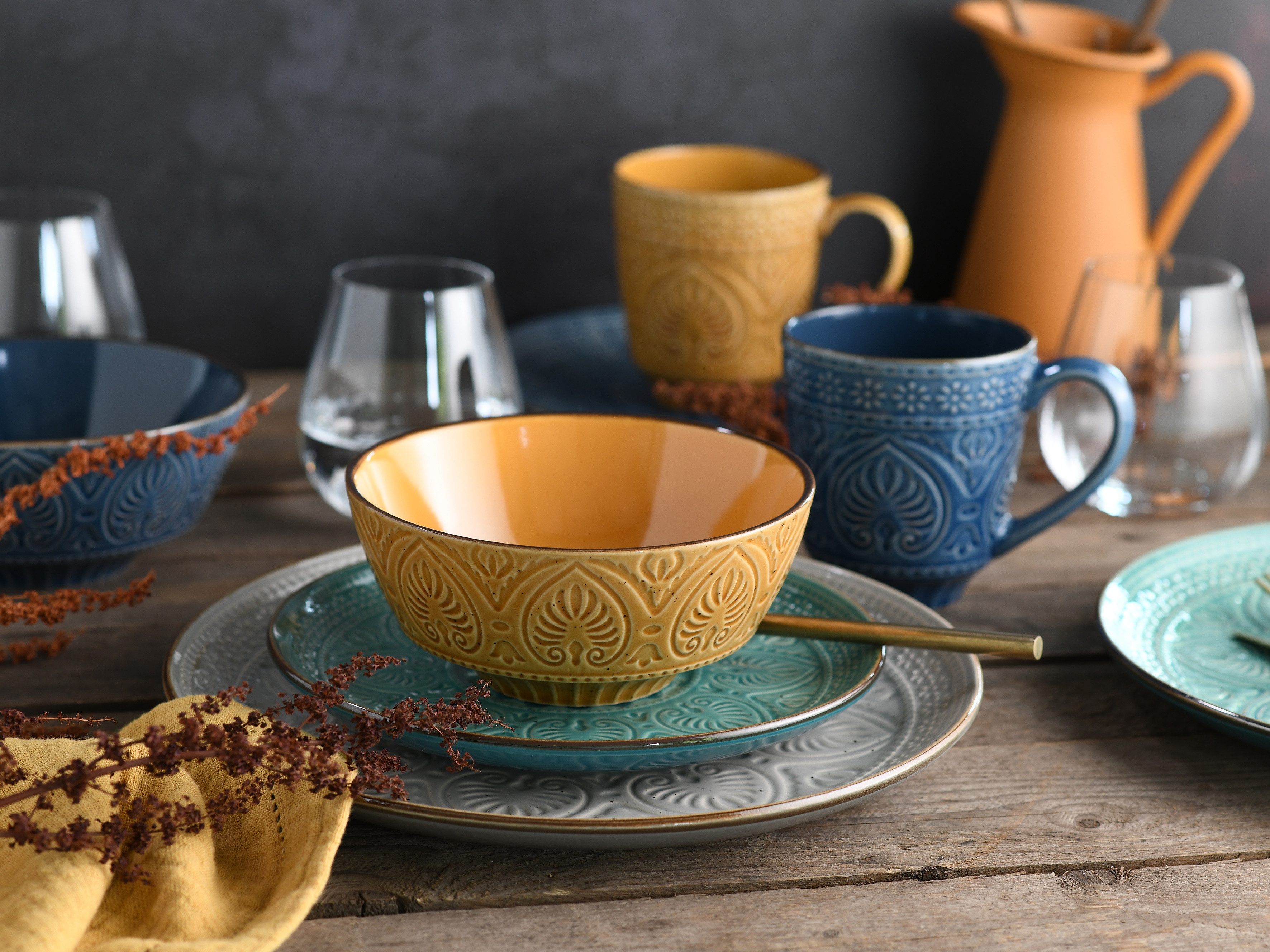 CreaTable Kombiservice Geschirr-Set Samarkand (16-tlg), 4 Personen, Steinzeug, Service, handwerklicher Charakter, 16 Teile, für 4 Personen