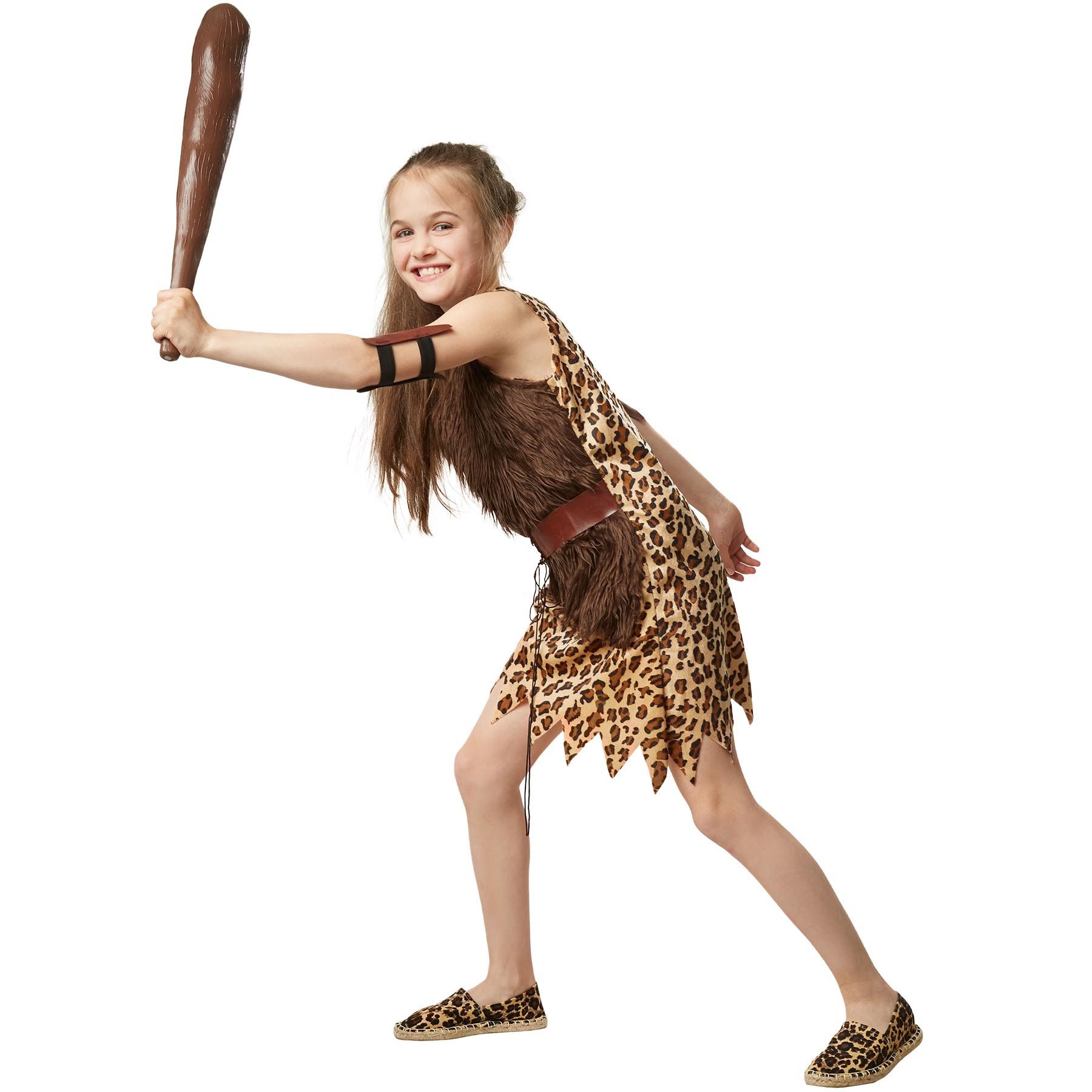 dressforfun Kostüm Höhlenfrau/Urzeitjägerin, in braun gemischt, Gr. 152 (11-12 Jahre), Armmanschetten aus Lederimitat, Ärmelloses Kleid mit Leopardenmuster