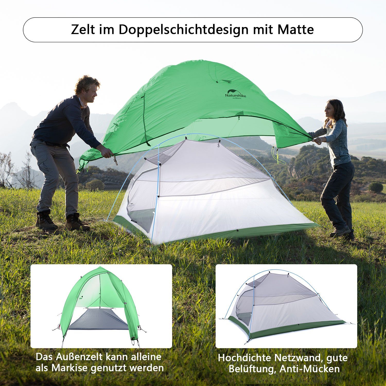 Rucksackzelt, Kuppelzelt Naturehike 2 Grün Ultraleichtes Wasserdicht Zelt Leichtes Campingzelt Personen: