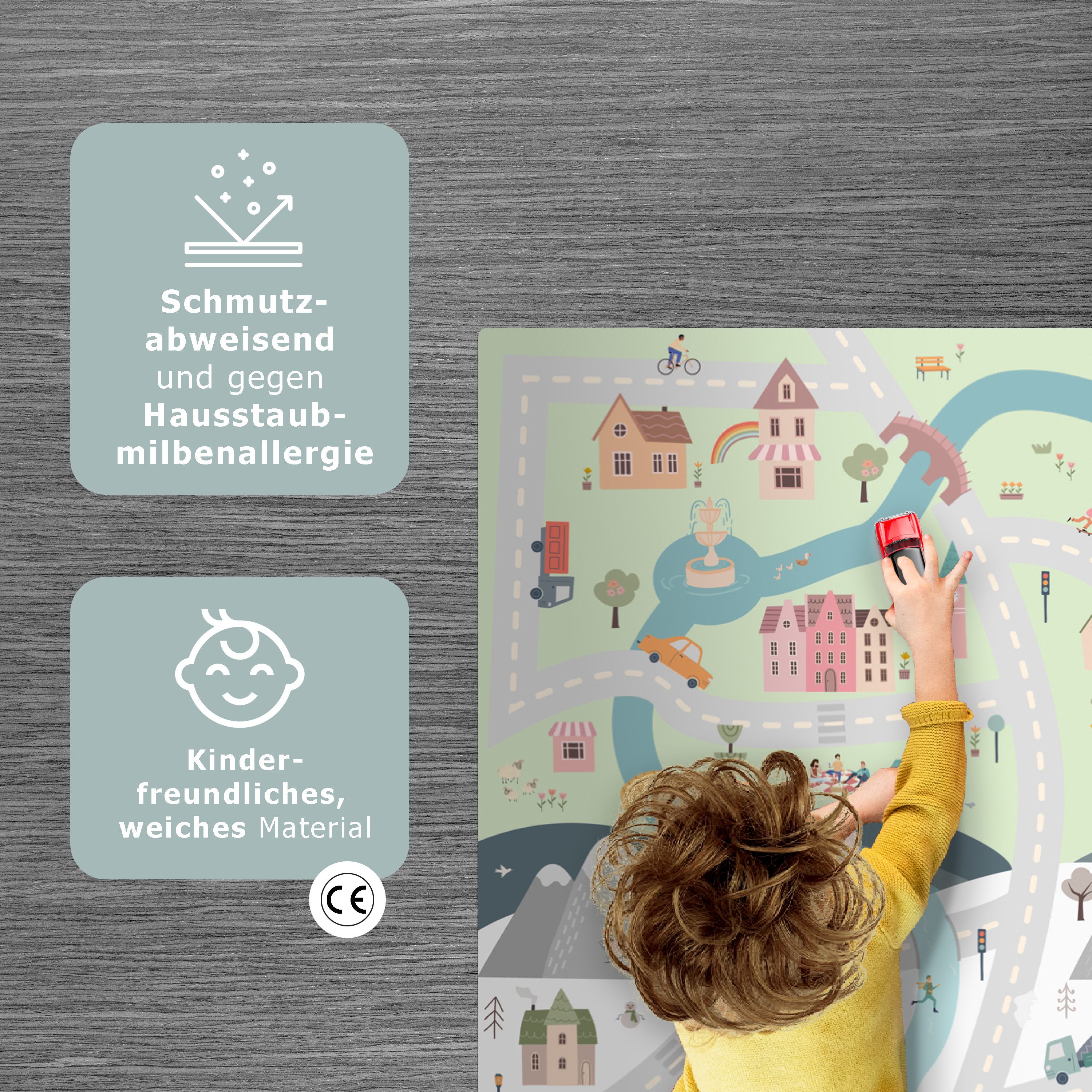 LetsPlaymats Spielmatte Jahreszeiten - Stadt - Häuser - Straße - Kinder - Auto, Krabbeldecke, Jungen, Mädchen, Babymatte, Spielunterlage, 105x70 cm – Bild 4 von 5