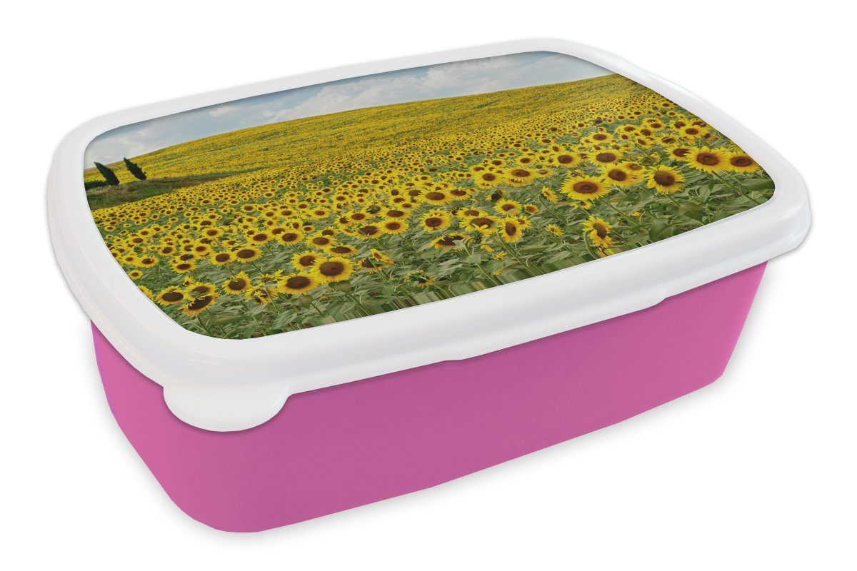 MuchoWow Lunchbox Sonnenblumen in der Toskana, Kunststoff, (2-tlg), Brotbox für Erwachsene, Brotdose Kinder, Snackbox, Mädchen, Kunststoff rosa
