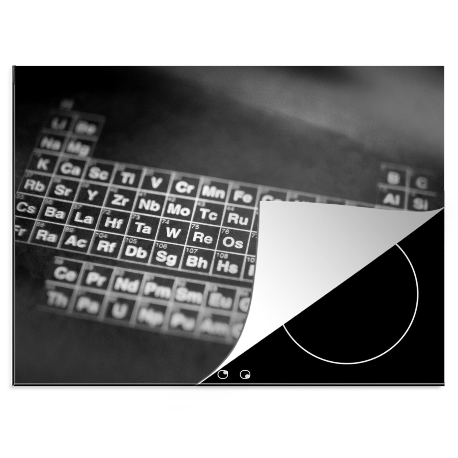 MuchoWow Herdblende-/Abdeckplatte Periodensystem der Elemente - schwarz und weiß, Vinyl, (1 tlg), 70x52 cm, Mobile Arbeitsfläche nutzbar, Ceranfeldabdeckung