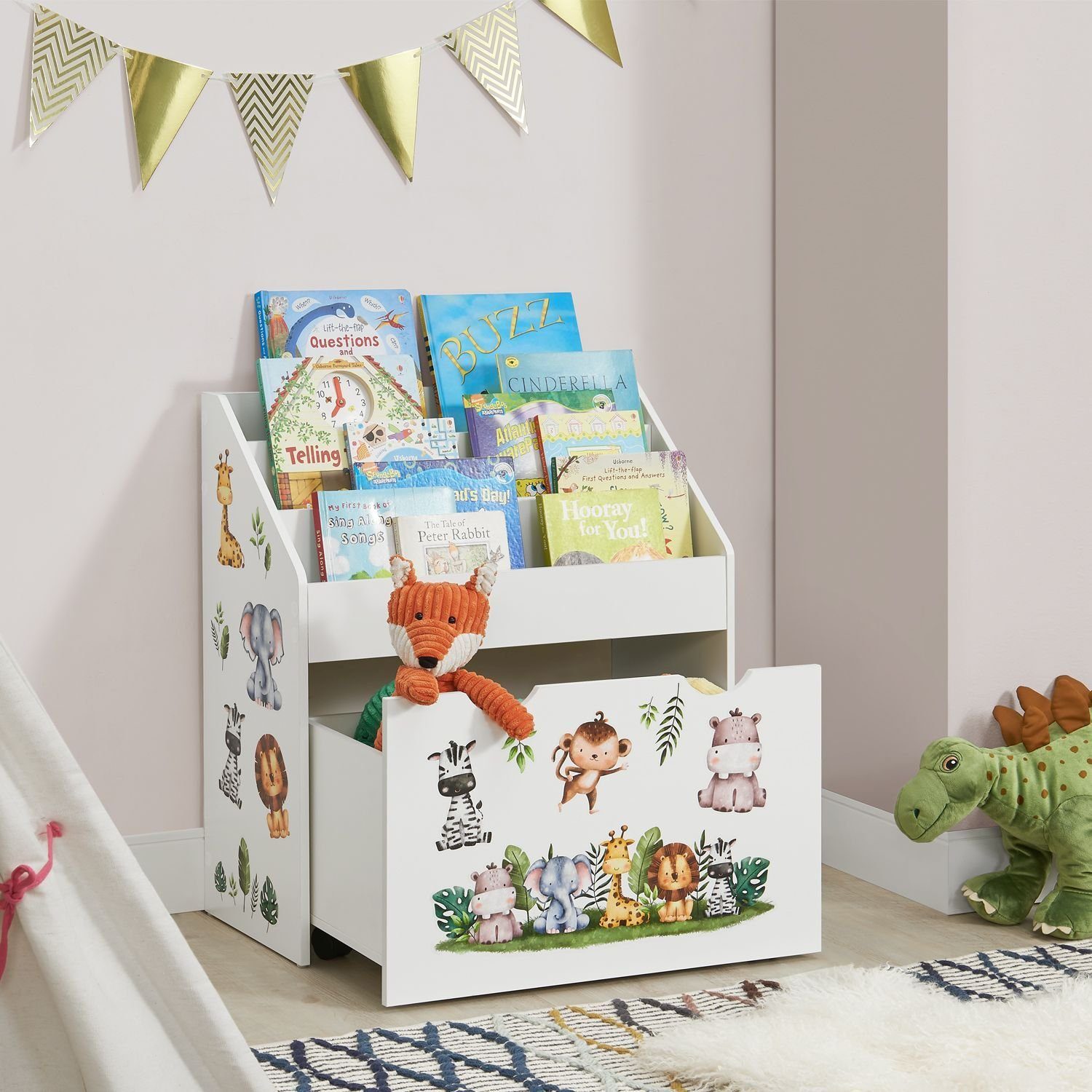 Juskys Bücherregal Kinder Bücherregal, anbringbaren kindgerecht, Spielzeugkiste, Stickern Fächer, 3