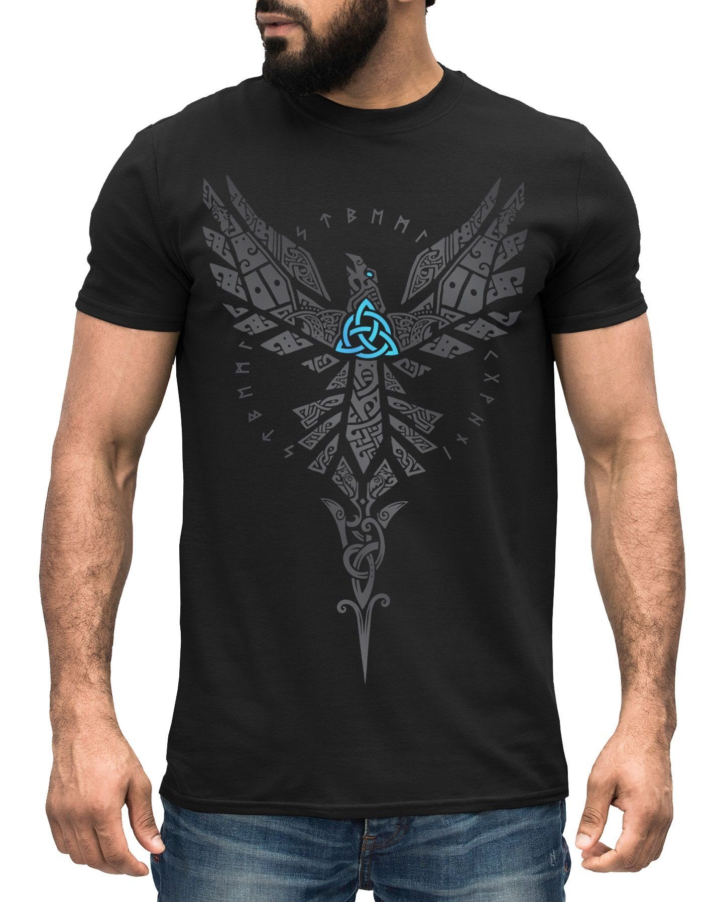 Neverless Print-Shirt Herren T-Shirt Rabe Munin Raven Odin Valhalla Wikinger Nordmänner mit Print