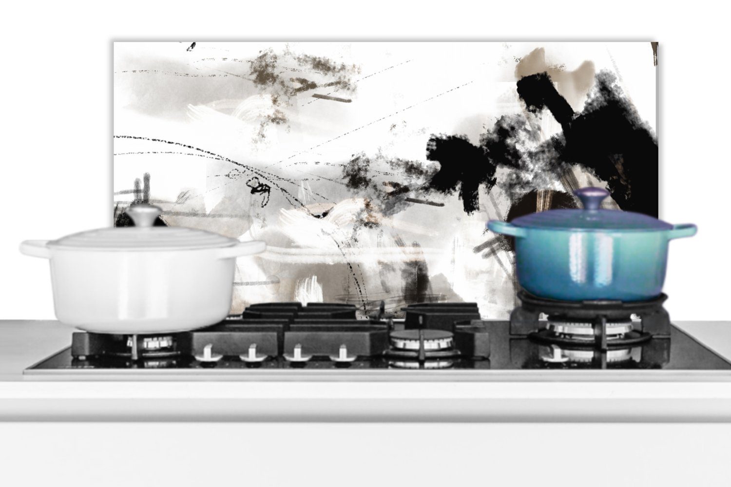 60x30 - Malerei (1-tlg), Küchenrückwand MuchoWow Kunst, - - für Weiß Schwarz Wandschutz, Küchen gegen und cm, und Fett Schmutzflecken Farbe