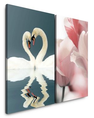 Sinus Art Leinwandbild 2 Bilder je 60x90cm Liebe Schwäne Romantisch Weiß Tulpen Blumen Liebende