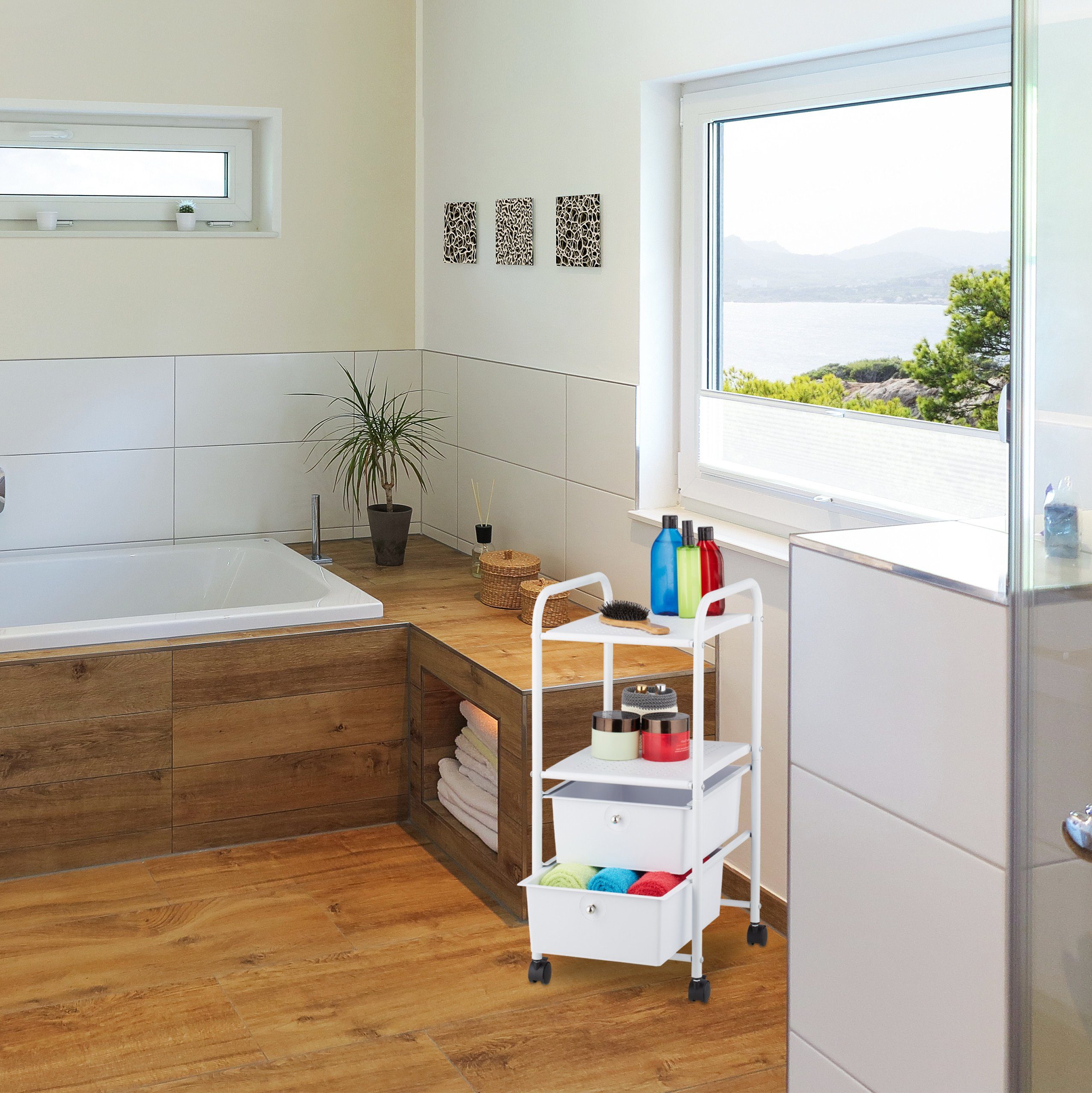 ZOLTA Bambus Rollregal 3 Ablagen - Schmal 74,5×36×15cm Mit Bremsen