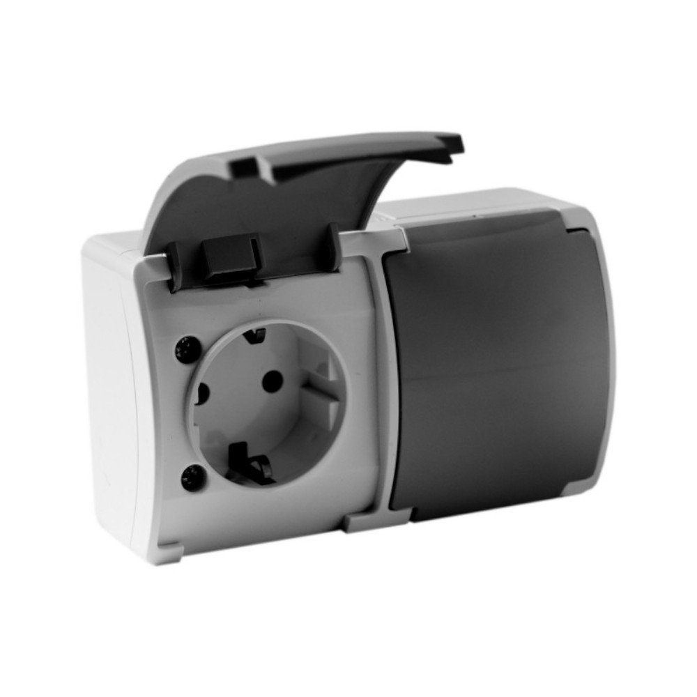 Doktorvolt Aufputz-Steckdose 2-fach Steckdose Schuko 230V IP44 Doppelsteckdose Klappdeckel Aufputz, mit Klappe