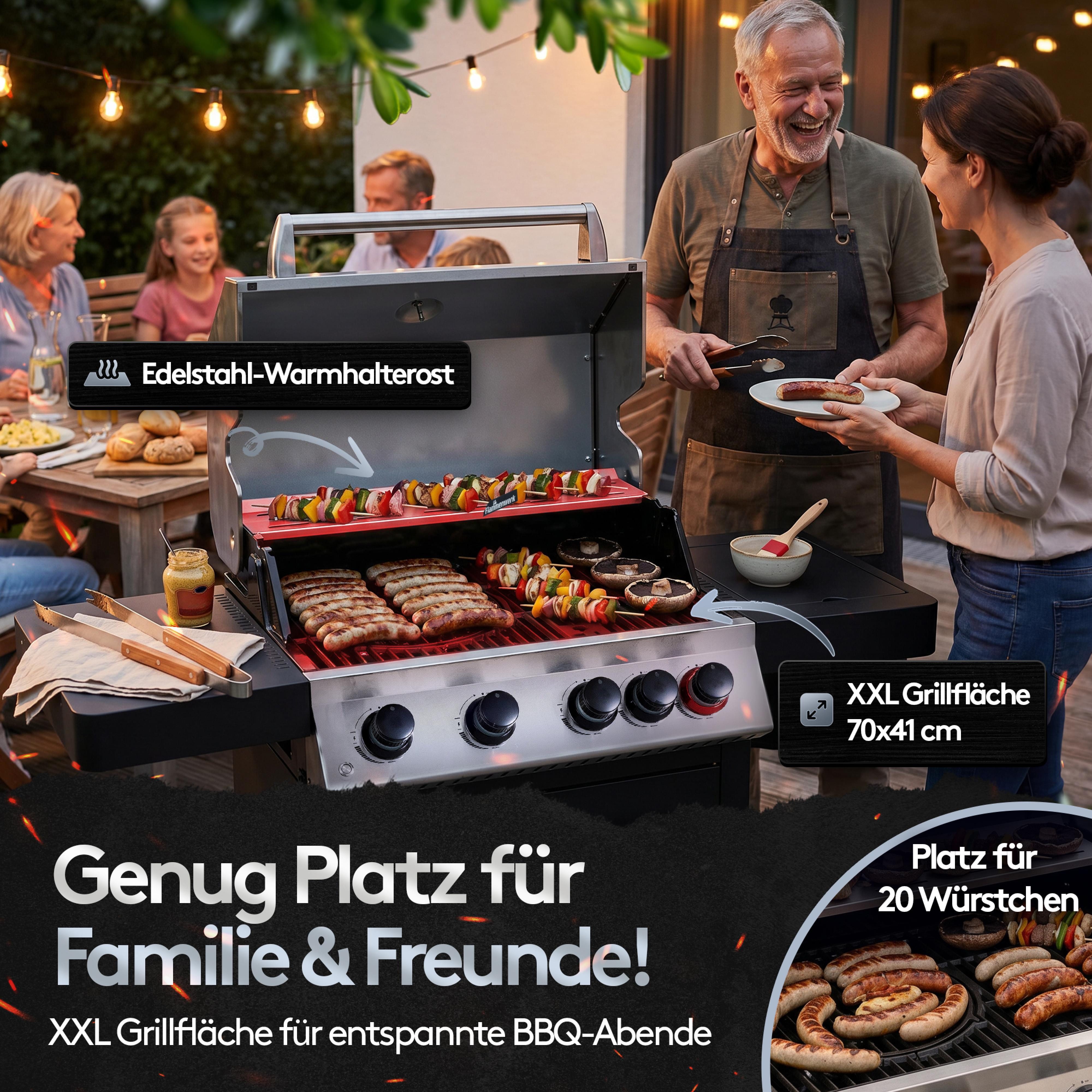 Flammenwerk Gasgrill Grill 4+1 Brenner – 17kW Gesamtleistung, LED-Beleuchtung, Hot Zone & Seitenkochfeld + Gusseisen Grillrost