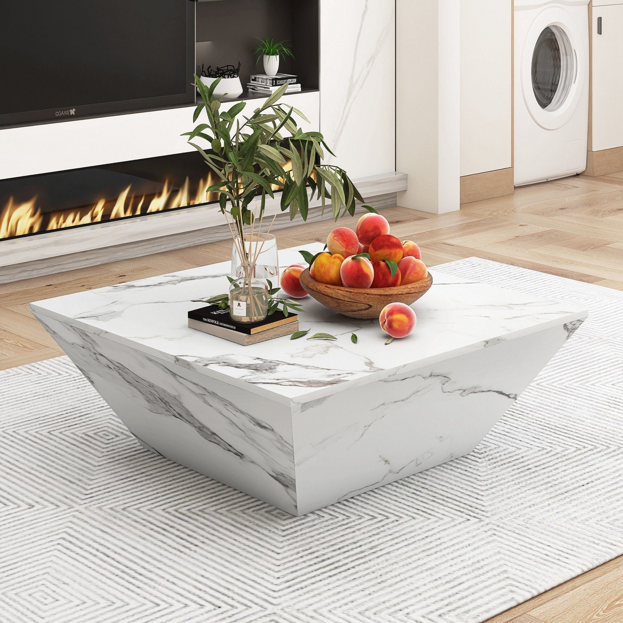 Celya Couchtisch Hochglanz Couchtisch, Wohnzimmer Tisch, 2 Schubladen,weiß, Moderner Hochglänzende Oberfläche,70×70×37cm( T×B×H)