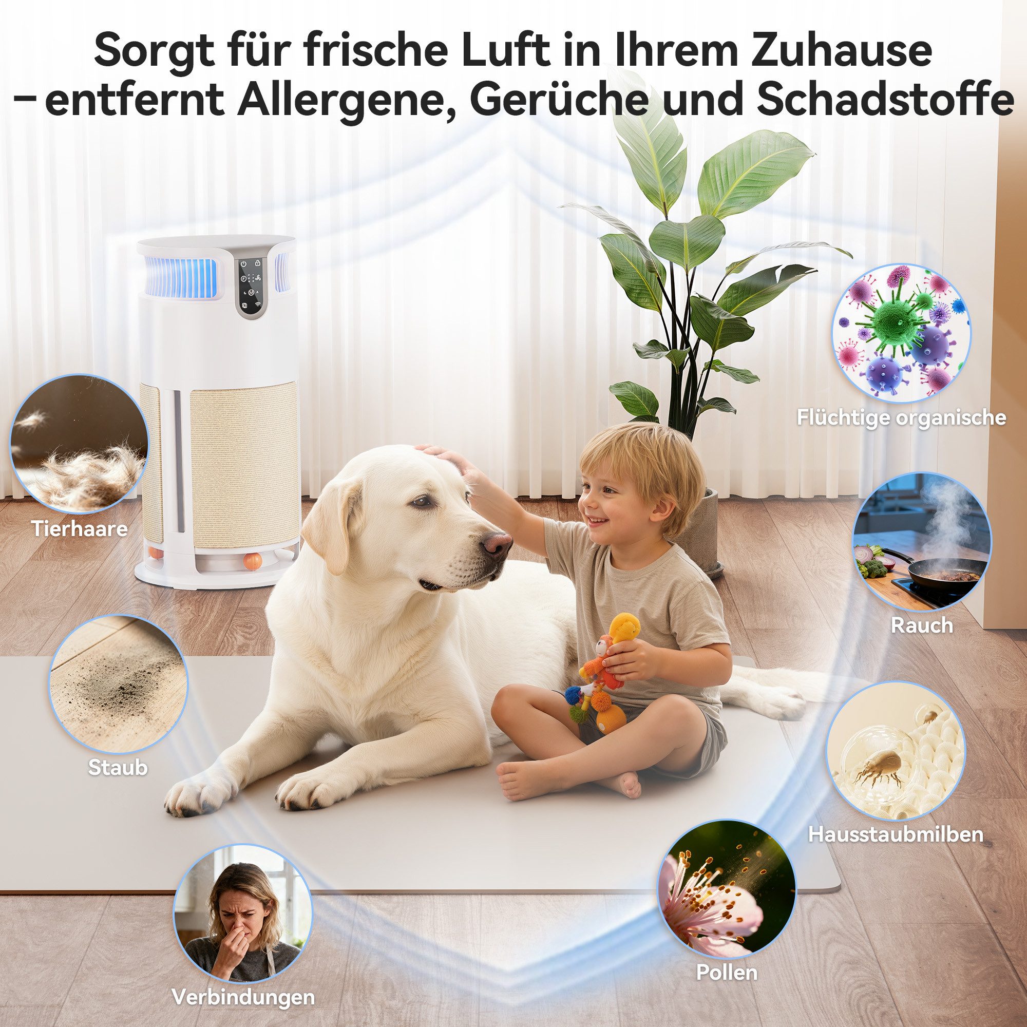 HOMALL Luftreiniger Haustier-Luftreiniger,4-stufig,APP-Fernsteuerung,CADR 350 m³/h, für 85 m² Räume, Haustier-Design, Negative Ionenschicht