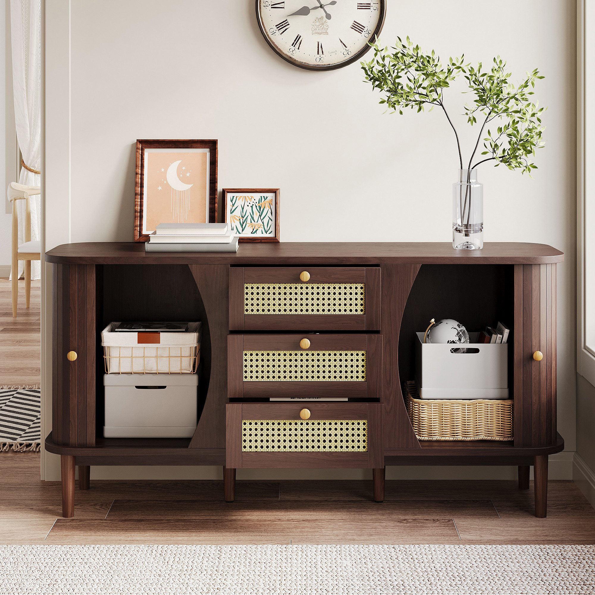 Merax Sideboard Skandi mit 2 Schiebetüren und 3 Schubladen (Rattanschrank L günstig online kaufen