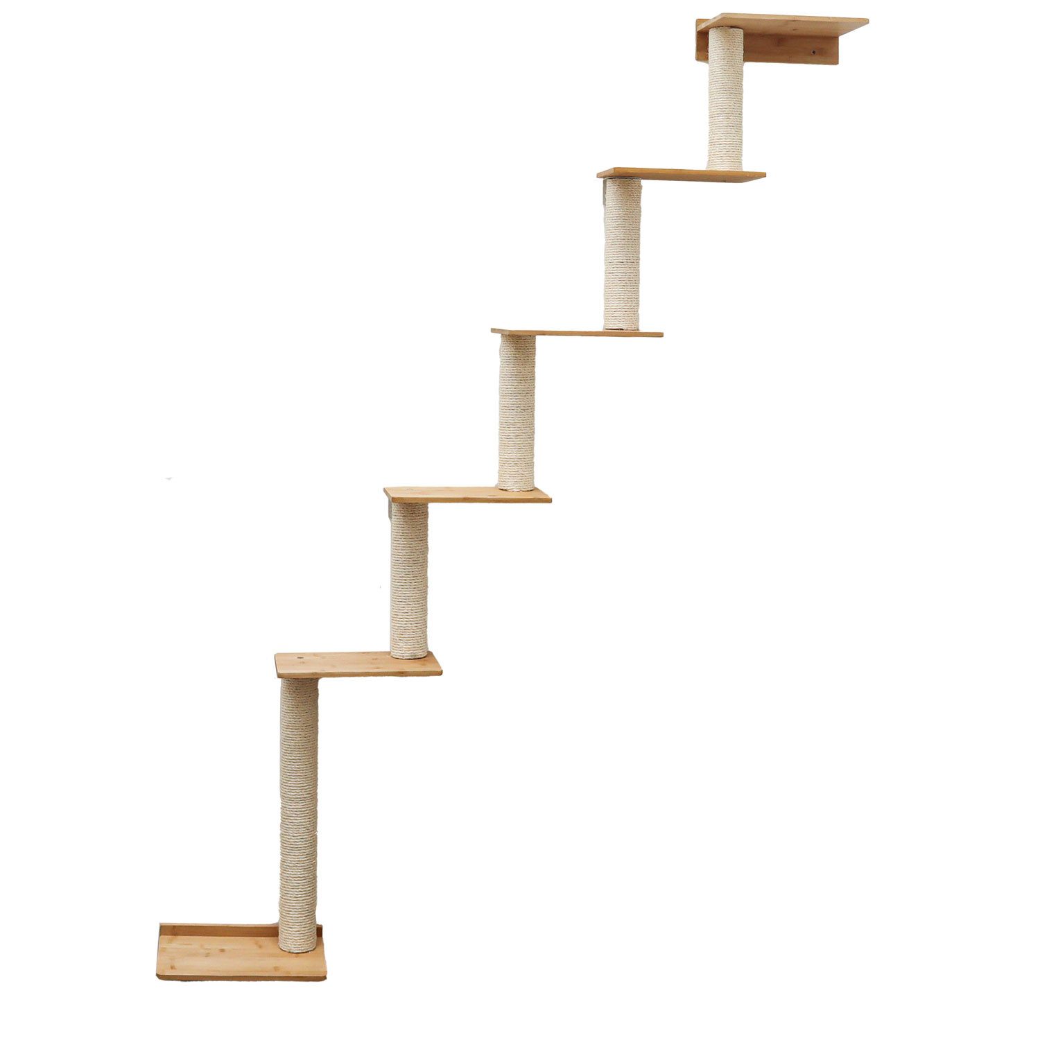 eyepower Kratzbaum zur Wandmontage - 215 cm Wandkratzbaum für Katzen mit 6 Bambus Plateau, Sisalstamm Wand - Katzenkratzbaum platzsparend - Kletterwand Katze