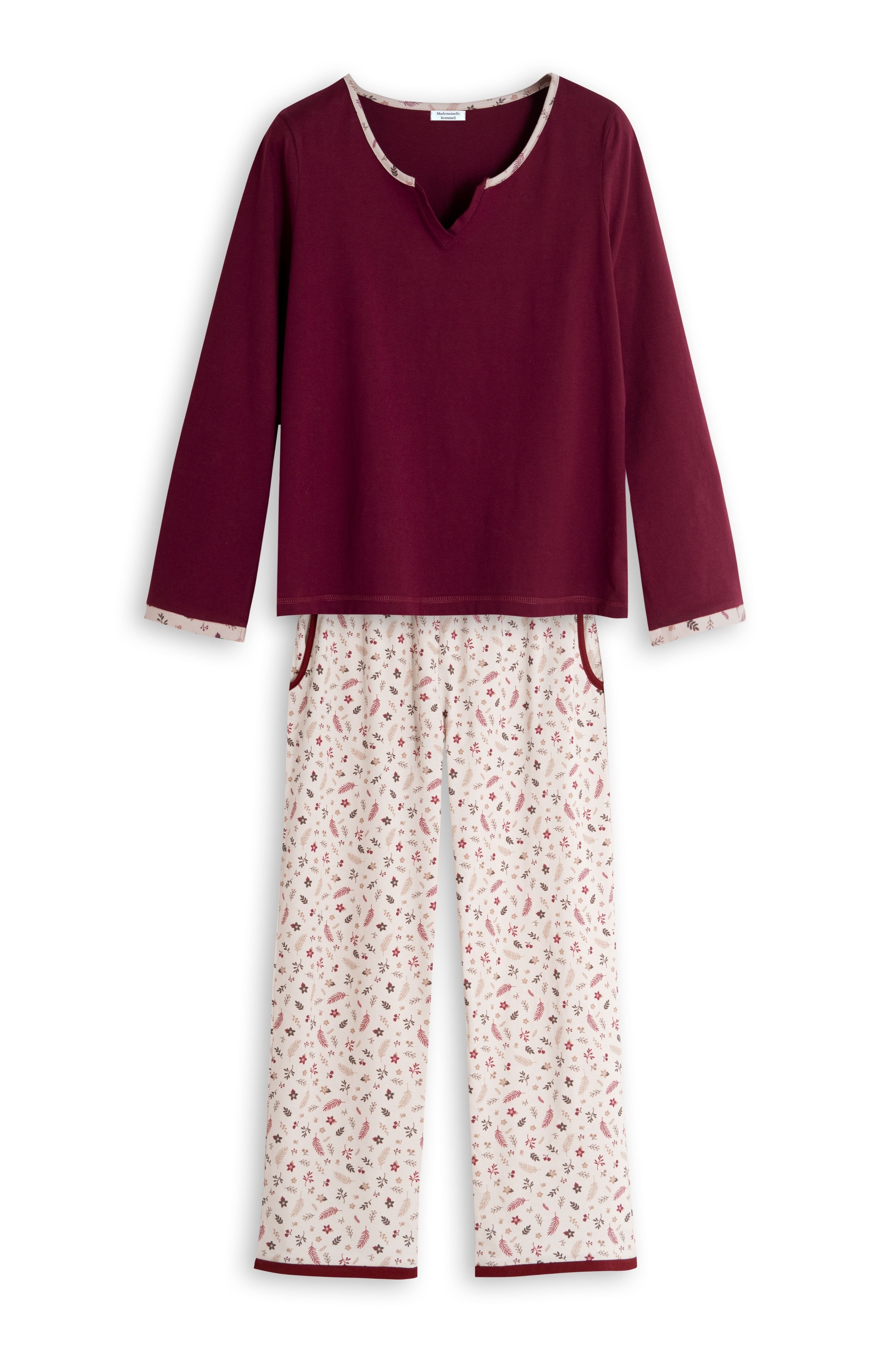 Mademoiselle Sommeil Capri-Pyjama Damen Schlafanzug mit Bordeaux Oberteil & floraler Hose 100% Baumwolle, Taschen, 7/8-Bein