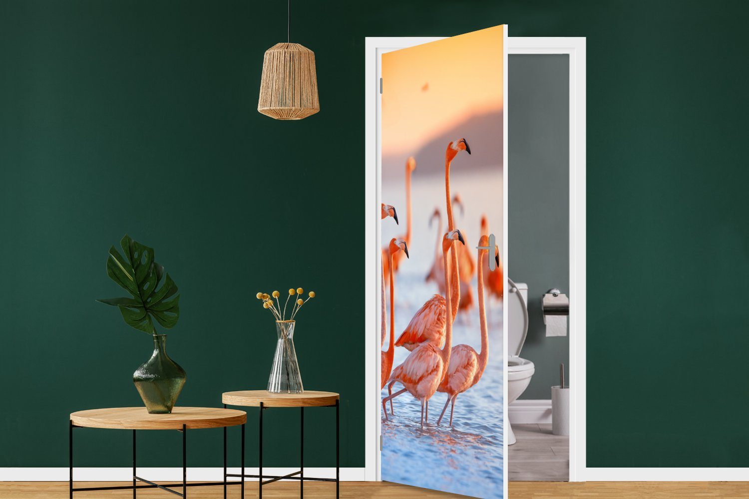 Türaufkleber, - Wasser MuchoWow bedruckt, (1 für - 75x205 Rosa, Tür, Tiere Flamingo Fototapete Matt, Türtapete cm - St),