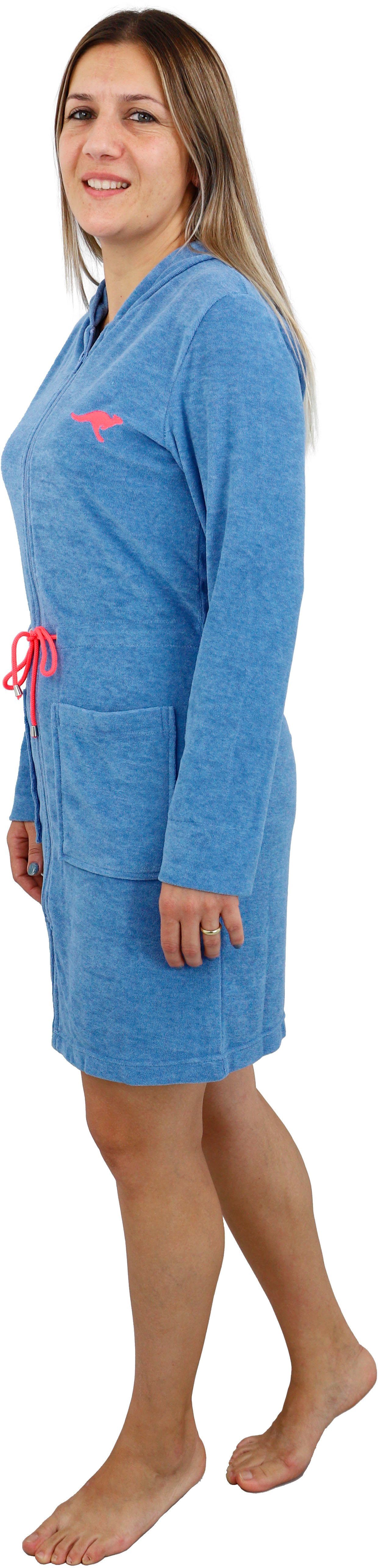 KangaROOS Damenbademantel Kira, mit blau Bindekordel, XS-3XL für Kapuze, kurz, melange Damen, Reißverschluss, Bademäntel Kurzform