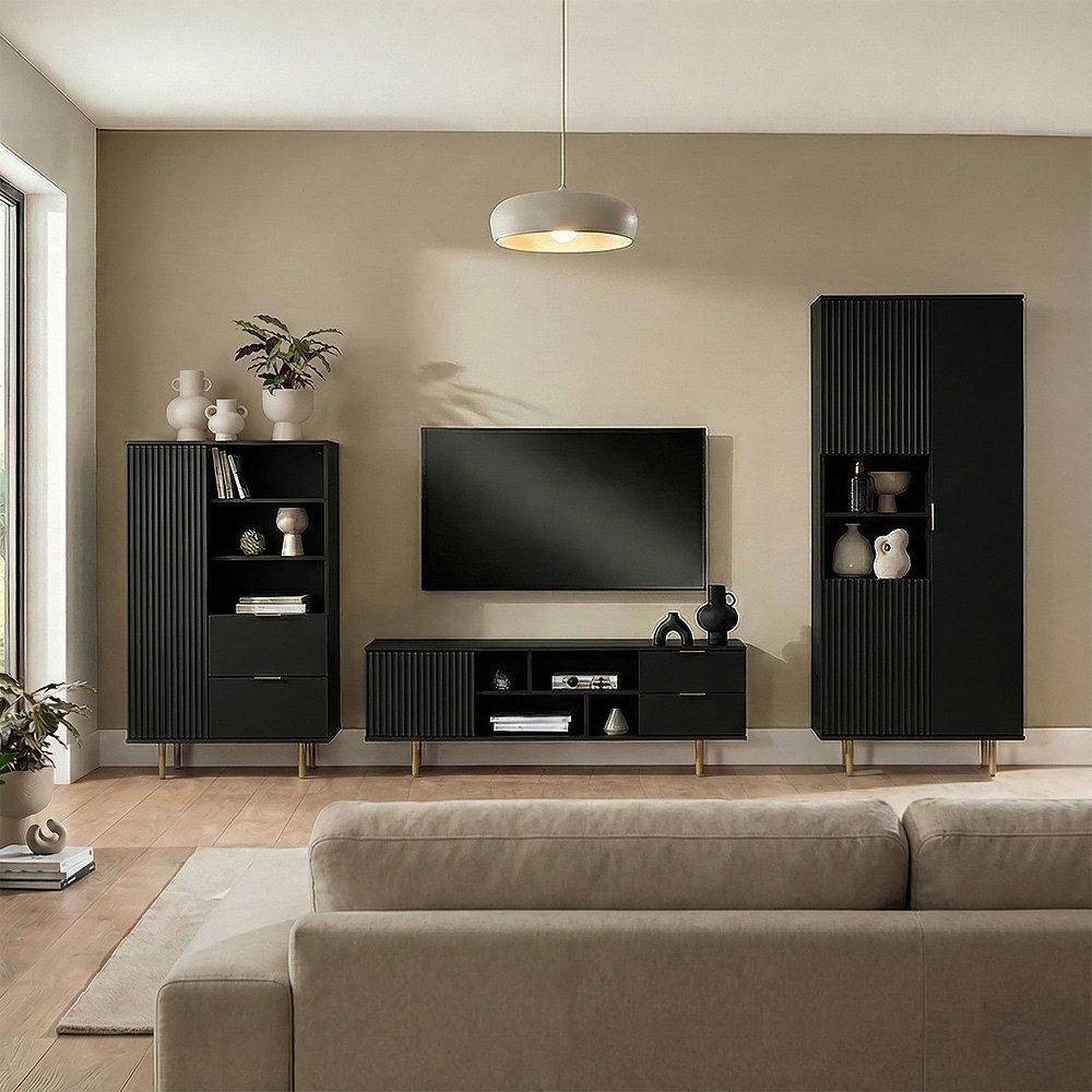 Lomadox Wohnzimmer-Set NADOR-132, (Mega-Spar-Set, 3-St., Highboard Lowboard Vitrine), matt schwarz, goldfarbenen Metallgriffen und -füßen, Front Rillenoptik