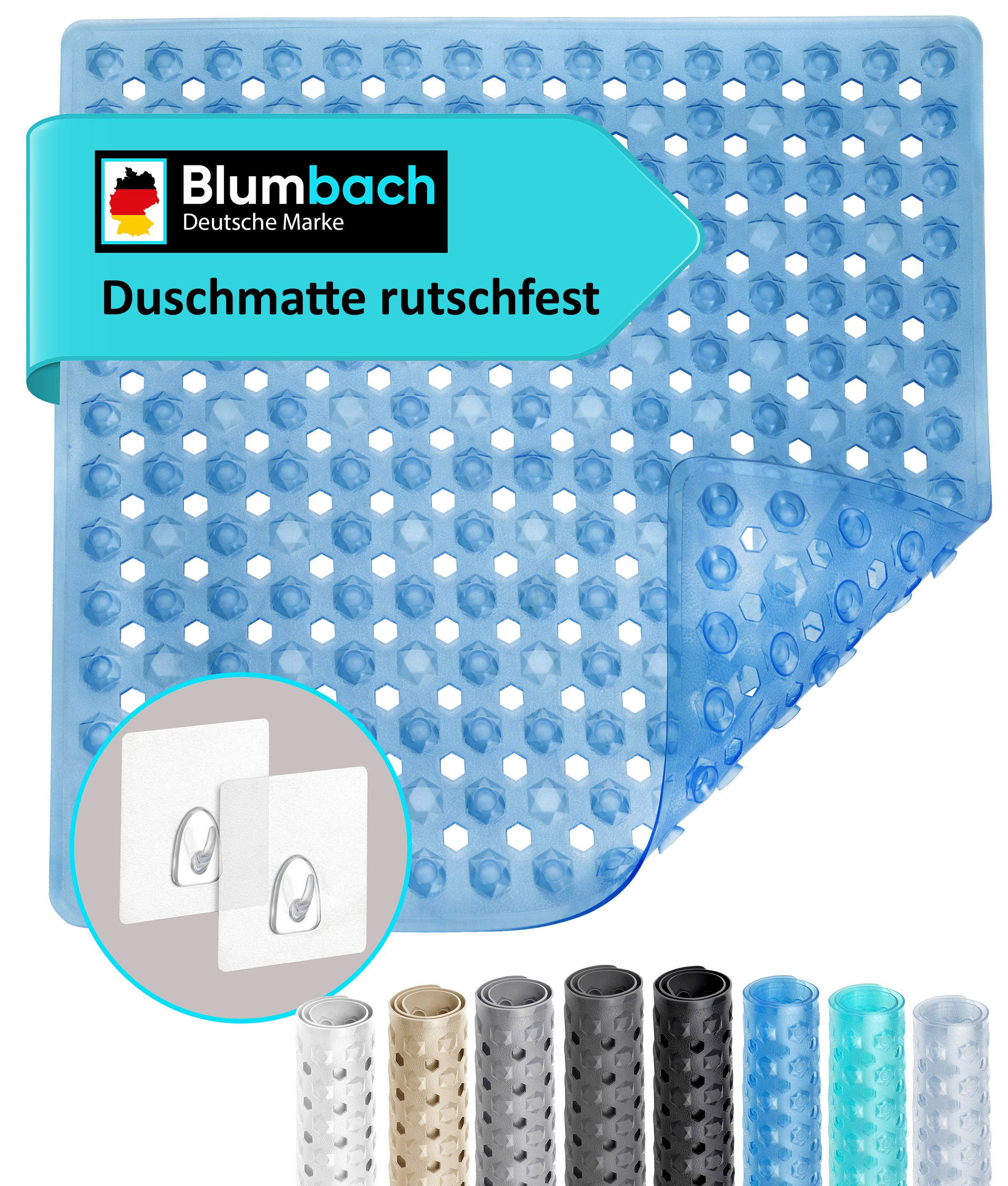 Blumbach Duschmatte - griffige Antirutschmatte Diamant 53 x 53 cm, - 100% BPA-frei, inkl. 2 Haken zum Aufhängen, Duscheinlage, schimmelressisten & maschinenwaschbar