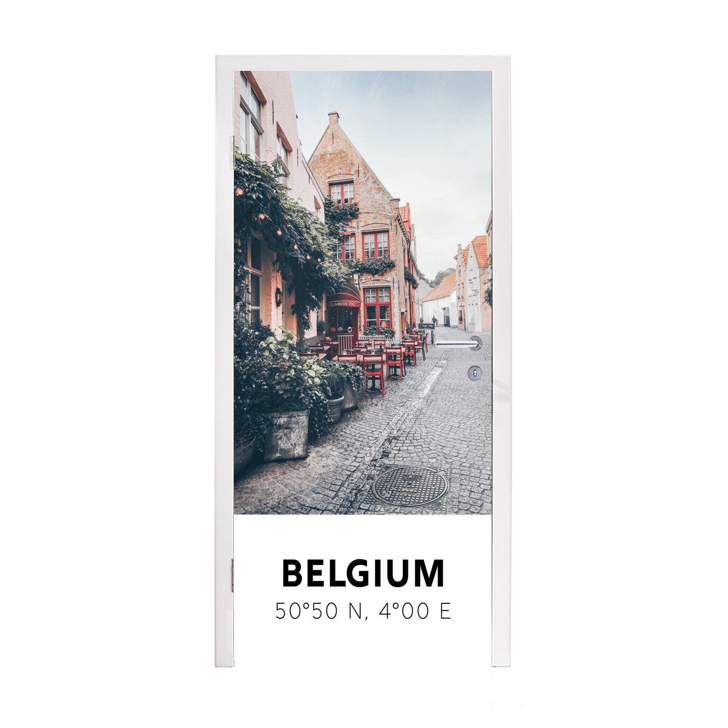 75x205 St), Belgien - Café (1 bedruckt, - cm - Tür, MuchoWow Rot, Türaufkleber, für Matt, Türtapete Terrasse Fototapete