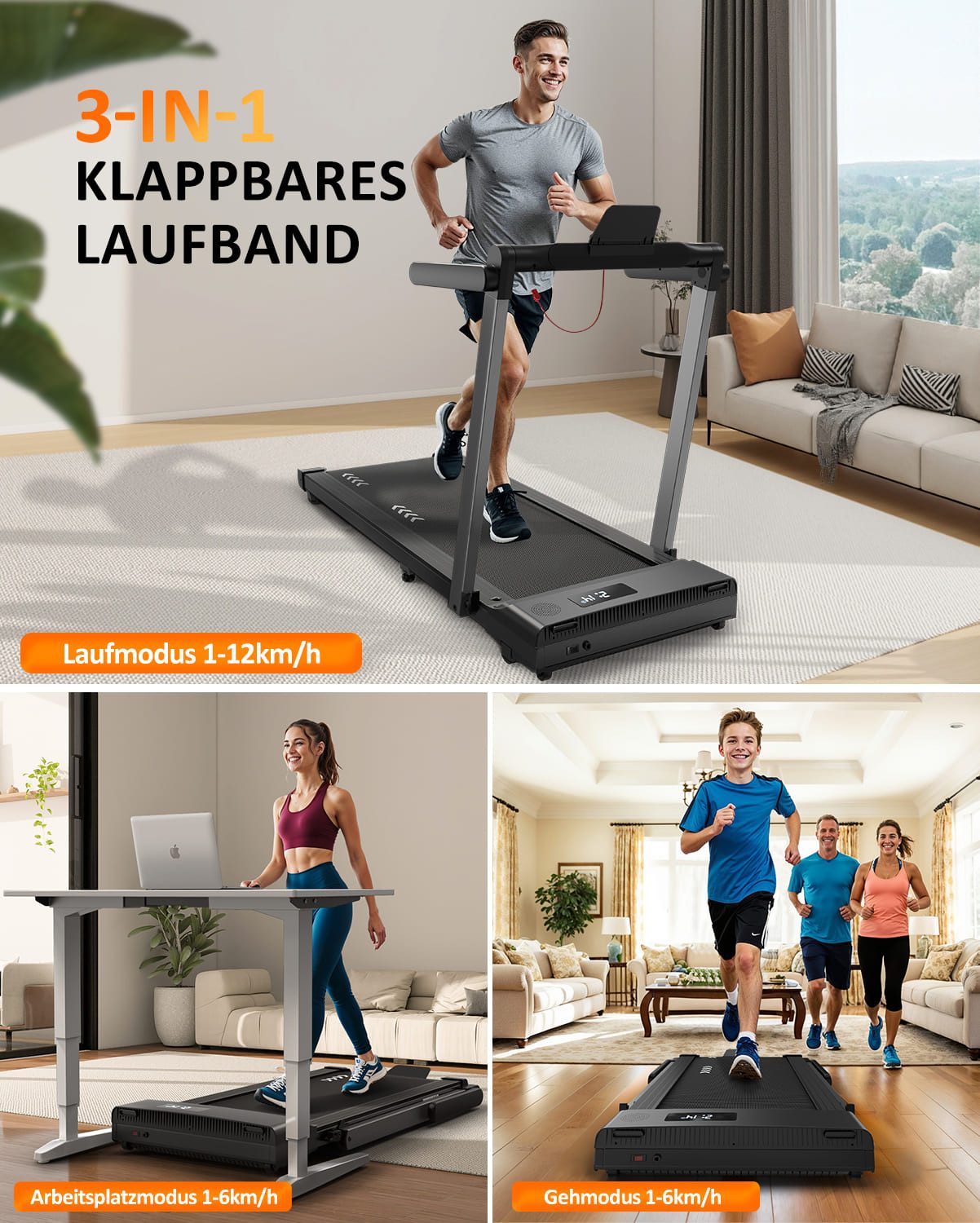 VOWVIT Laufband für Zuhause bis 12KM/H, 3 in 1 Walking Pad mit Dual LED Anzeige, 12 Programmen und Fernbedienung, Laufband klappbar APP Kompatibel