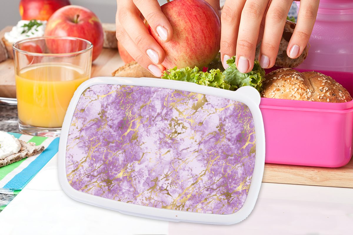 MuchoWow Lunchbox Gold - Marmor Brotbox (2-tlg), Kunststoff rosa für Snackbox, Muster Lila, - Mädchen, Brotdose Kunststoff, Kinder, - Erwachsene