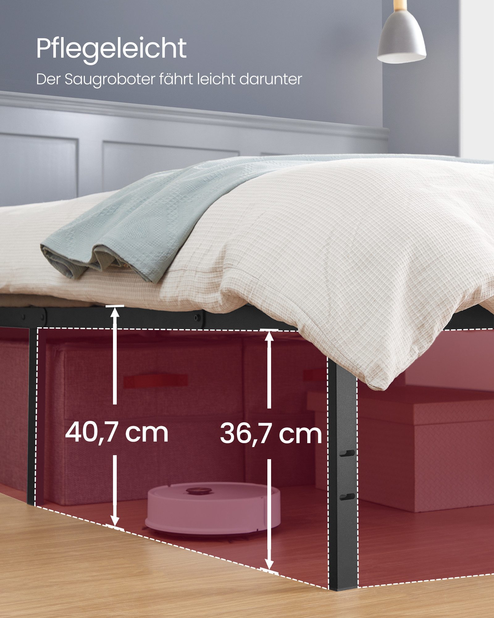VASAGLE Bettgestell aus Metall mit Lattenrost und Ablagen, einfach zu montieren (90 x 200 cm), Einzelbettgestell, 90 x 200 cm, 2 Ablagen, bis 250 kg belastbar – Bild 4 von 5