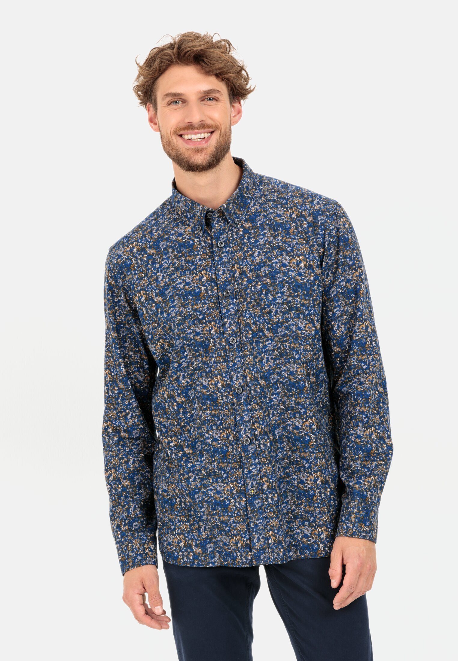 Blau mit active Langarmhemd camel Button-Down Allover-Print