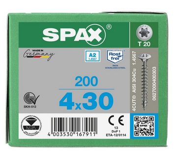 SPAX Spanplattenschraube Edelstahlschraube, (Edelstahl A2, 200 St), 4x30 mm