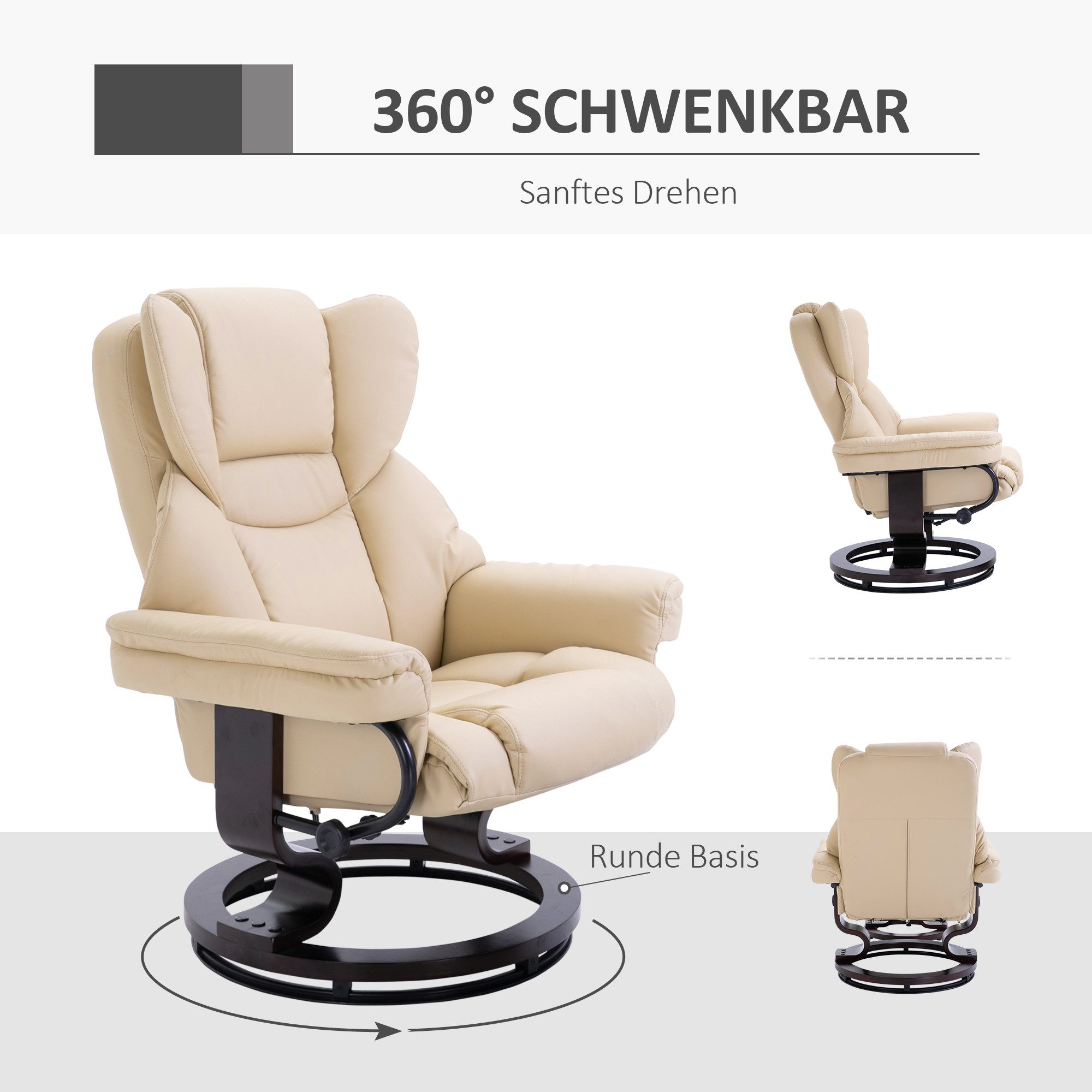 MODFU TV-Sessel Relaxsessel,drehbarer Fernsehsessel (Ergonomischer Relaxsessel mit Hocker in Kunstleder – drehbarer TV-Sessel mit Liegefunktion), mit Relaxfunktion