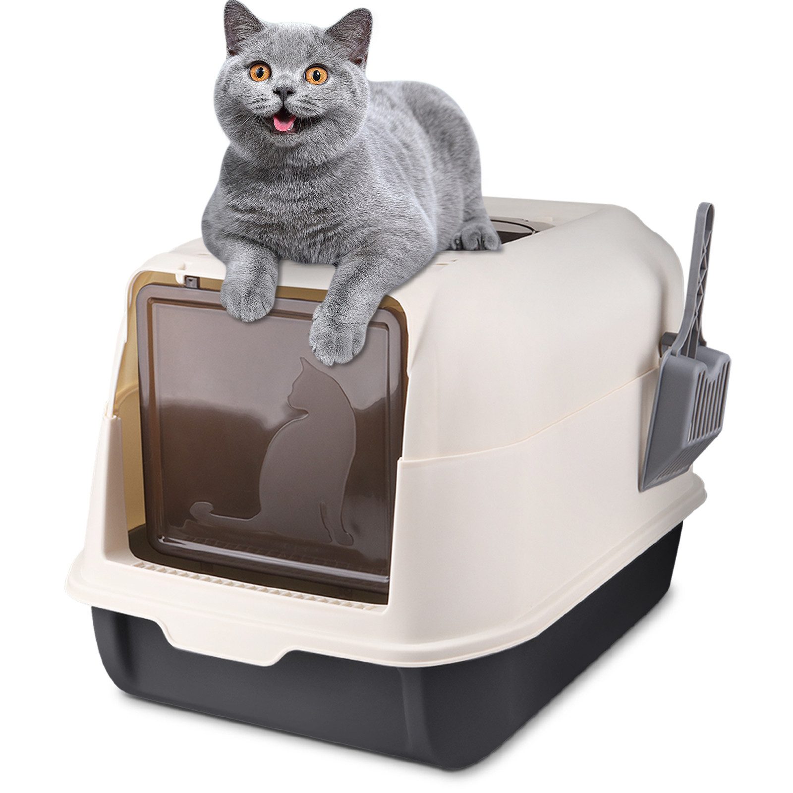 JEOBEST Katzentoilette Katzenklo mit Schaufel, Toilet, Offene Toilette, Hoher Abnehmbarer Rand, Für große Katzen, Kätzchen 36 x 51 x 34cm