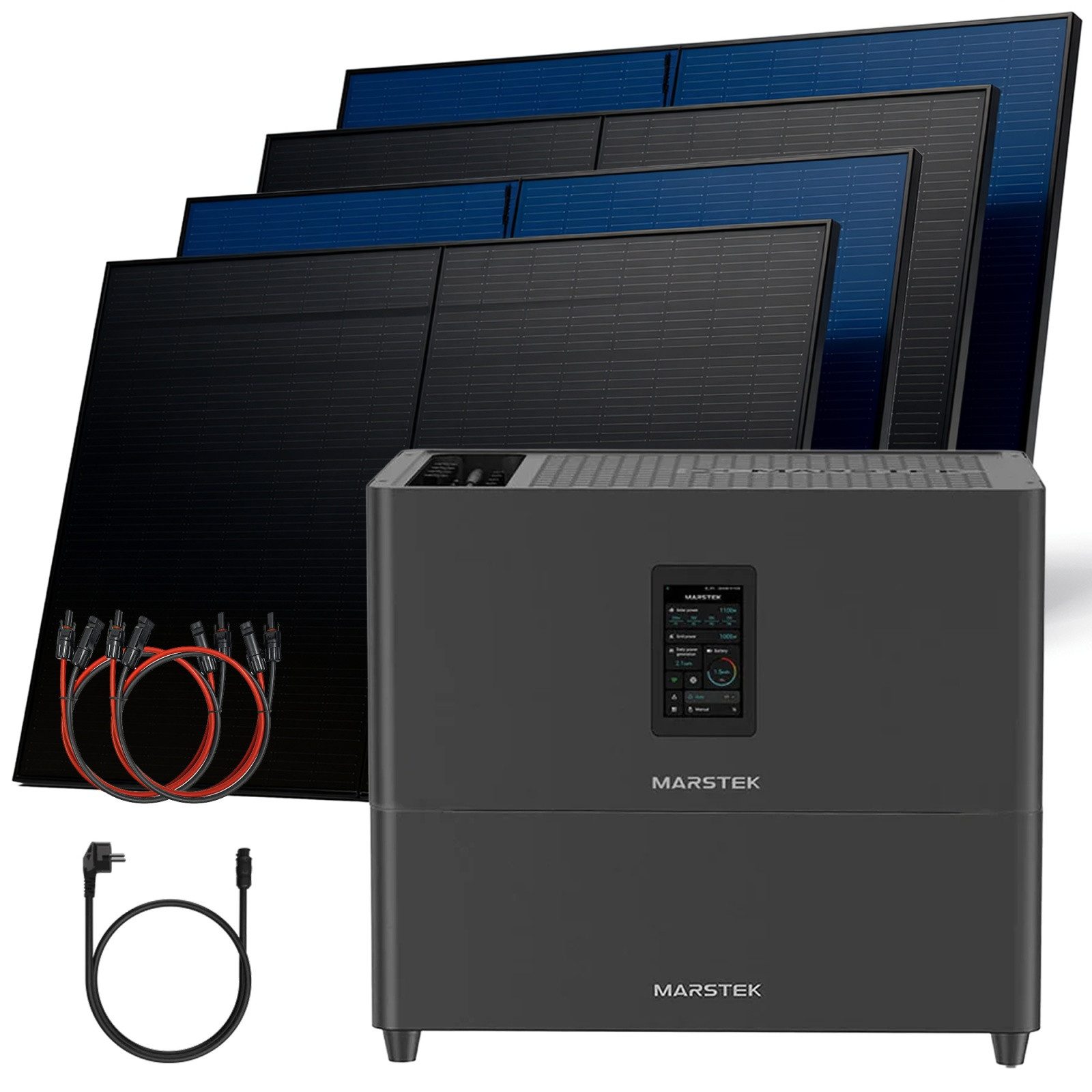 SUNNIVA Balkonkraftwerk 2000W mit 5,12 kWh Speicher MARSTEK Jupiter C + Plus, (BIFAZIAL FULLBLACK komplett Steckdose, PV Solaranlage Komplettset mit Solarspeicher, 4x 500W N-Type Glas Bifacial PV)