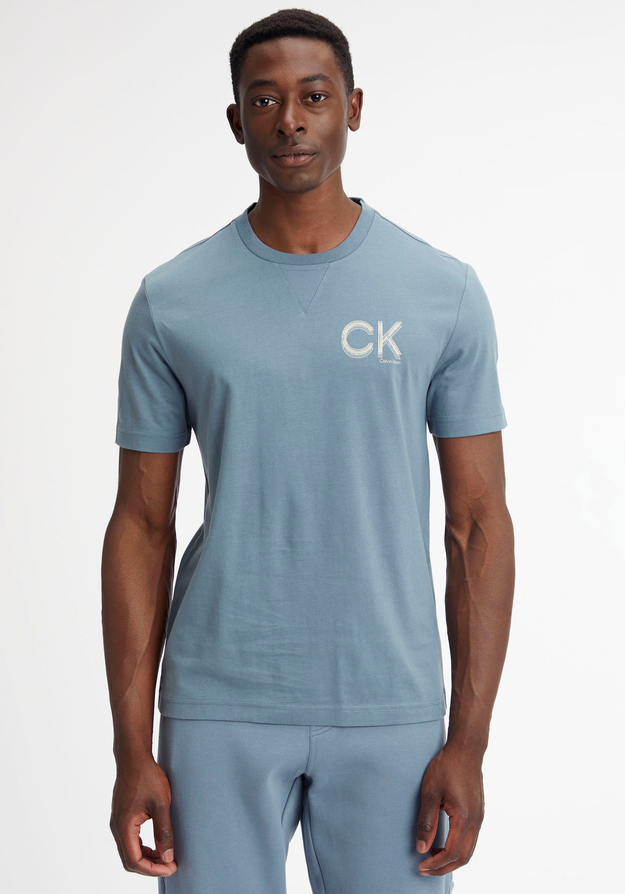 Calvin Klein T-Shirt STRIPED CHEST LOGO T-SHIRT (1-tlg) mit gummiertem Logodruck mit dezentem Glanzeffekt Grey Tar