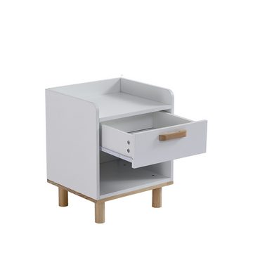 Powerwill Nachttisch Nachttisch Beistelltisch (minimalistisches Design, Schlafzimmermöbel, mit einem Schublade und einem Fach), Aufbewahrung, Kiefer, MDF, Weiß+Natur