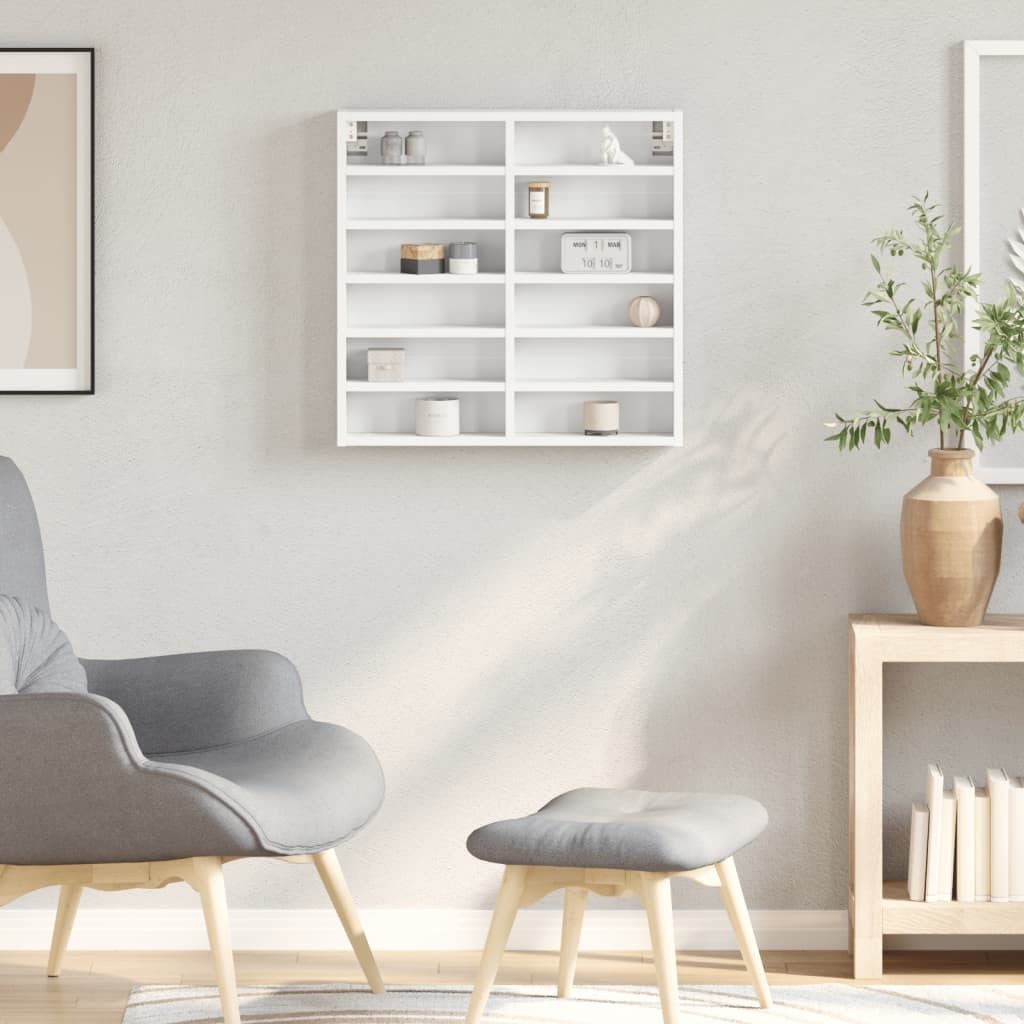 furnicato Vitrine Weißer Vitrinenschrank 60 x 8,5 x 58 cm aus Holzwerkstoff (1-St) Wandvitrine mit 12 Ablagen und hoher Stabilität für das Wohnzimmer