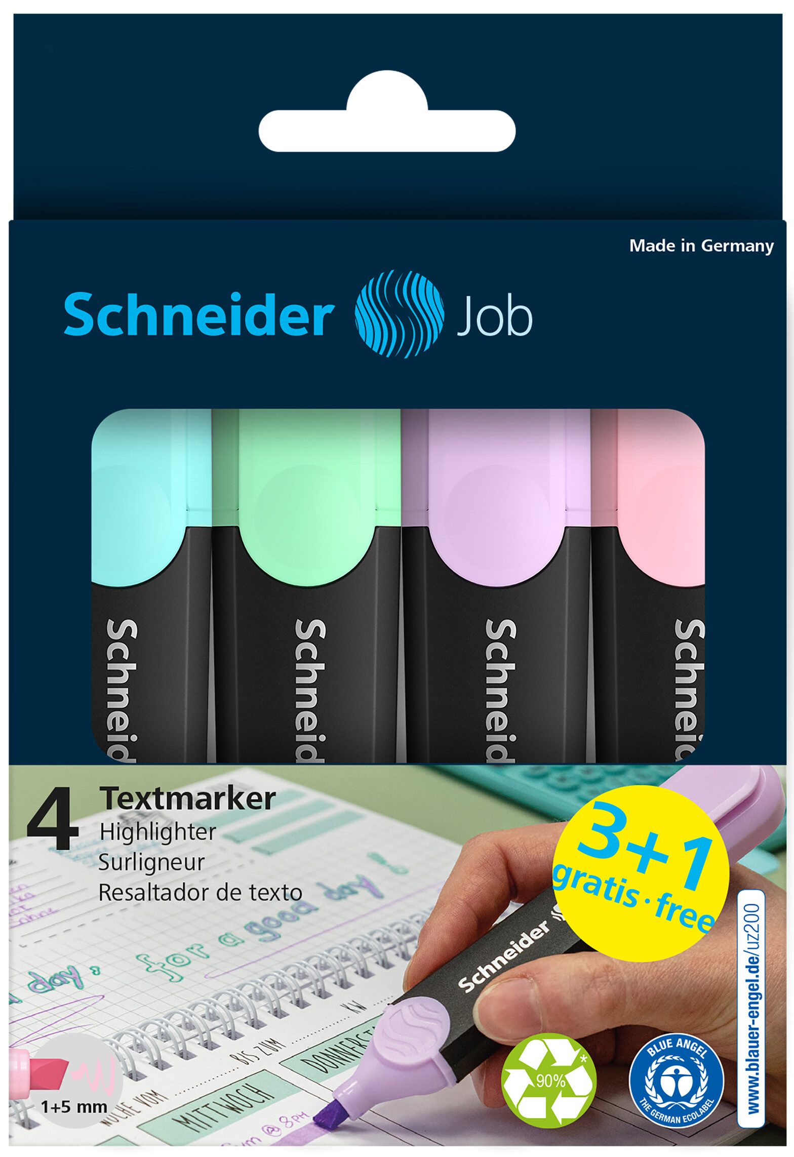 SCHNEIDER Marker Schneider 50-115074 Schneider Textmarker Job pastel 4er Etui sortiert