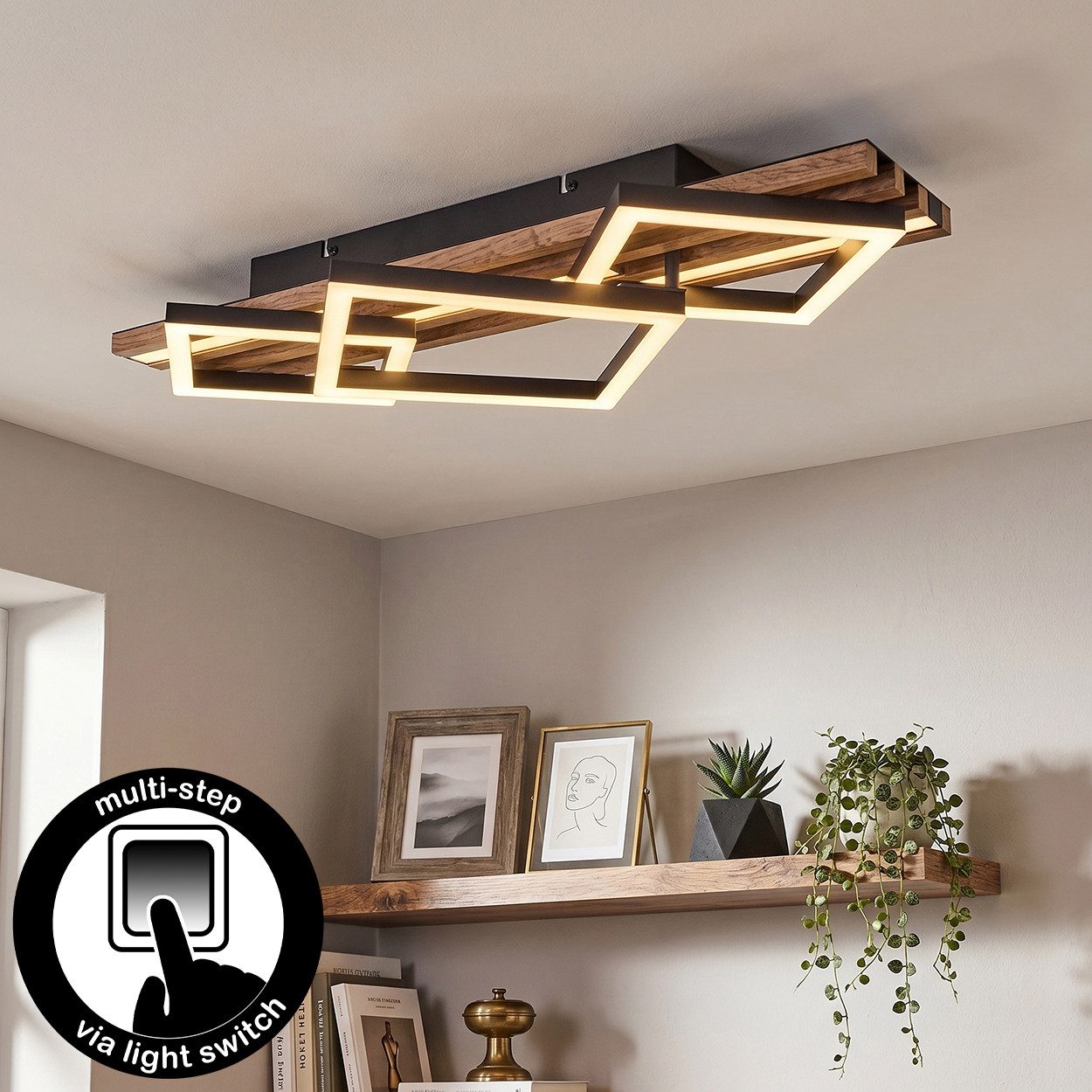 hofstein Deckenleuchte Deckenlampe aus Metall/MDF/Kunststoff, ohne Leuchtmittel, moderne Deckenleuchte in Schwarz/Holzoptik/Braun/Weiß