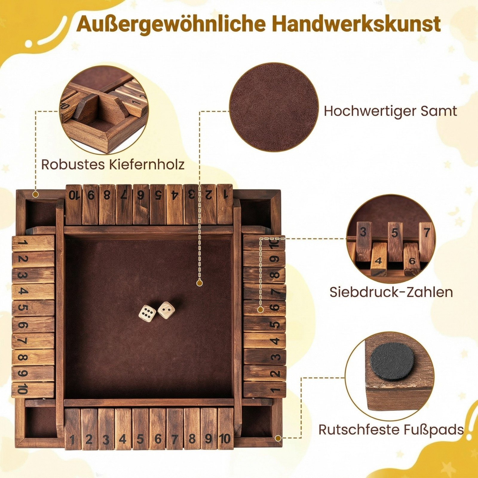COSTWAY Spiel, Shut The Box Spiel, 2-4 Spieler Würfelspiel Holz, Brettspiel