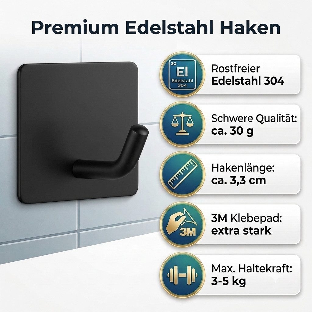 TECBULL Handtuchhaken Klebehaken aus Edelstahl, Wandhaken selbstklebend, V2, (5-St)