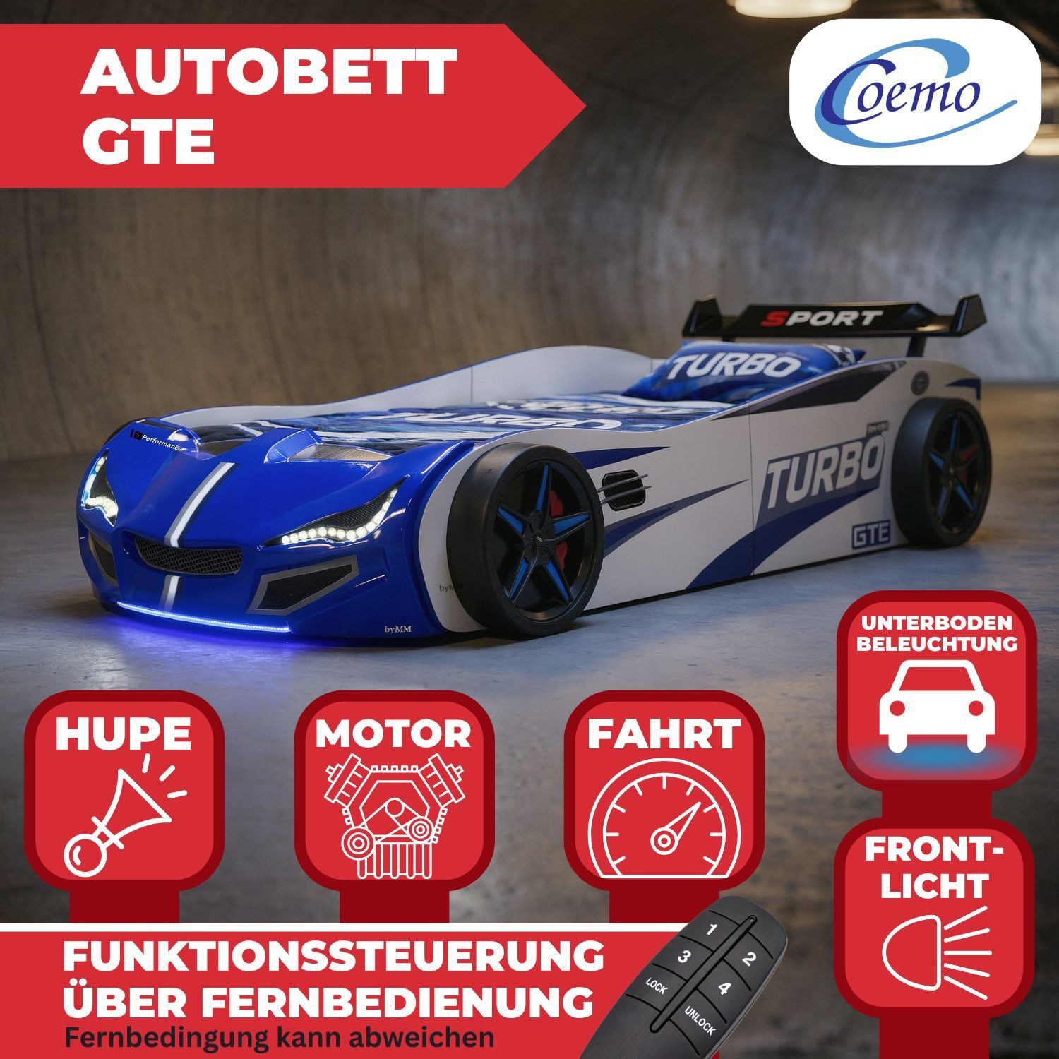 Coemo Autobett GTE (1-tlg., Komplett-Set Bett und Lattenrost), Blau Autobett Rennwagen GTE mit Lattenrost Beleuchtung Motorgeräusche