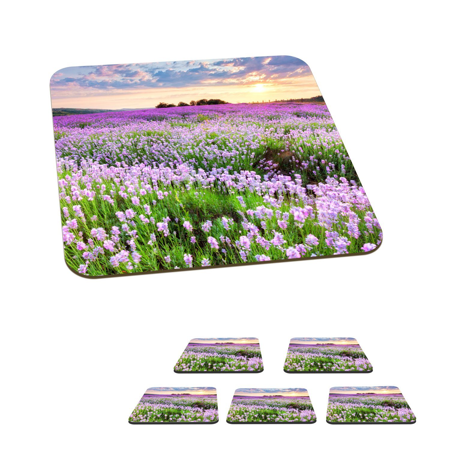 Tasse Wiese Untersetzer, Lila Himmel Natur, Blumen - - - MuchoWow für Gläser, Tischuntersetzer, Lavendel - - Sonnenuntergang Korkuntersetzer, Zubehör Glasuntersetzer Glasuntersetzer, - 6-tlg.,