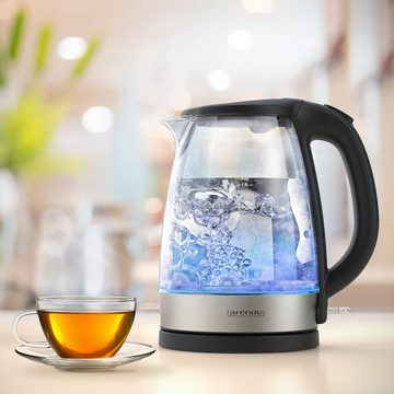 Arendo Wasserkocher, 1,7 l, 2200 W, Edelstahl & Glas, LED Beleuchtung, Überhitzungs & Trockengehschutz