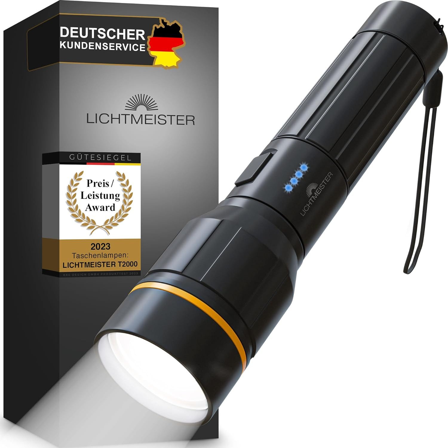 Lichtmeister LED Taschenlampe 2000 Lumen, 5000 mAh Akku) - Taschenlampe LED aufladbar, LED Taschenlampe extrem Hell