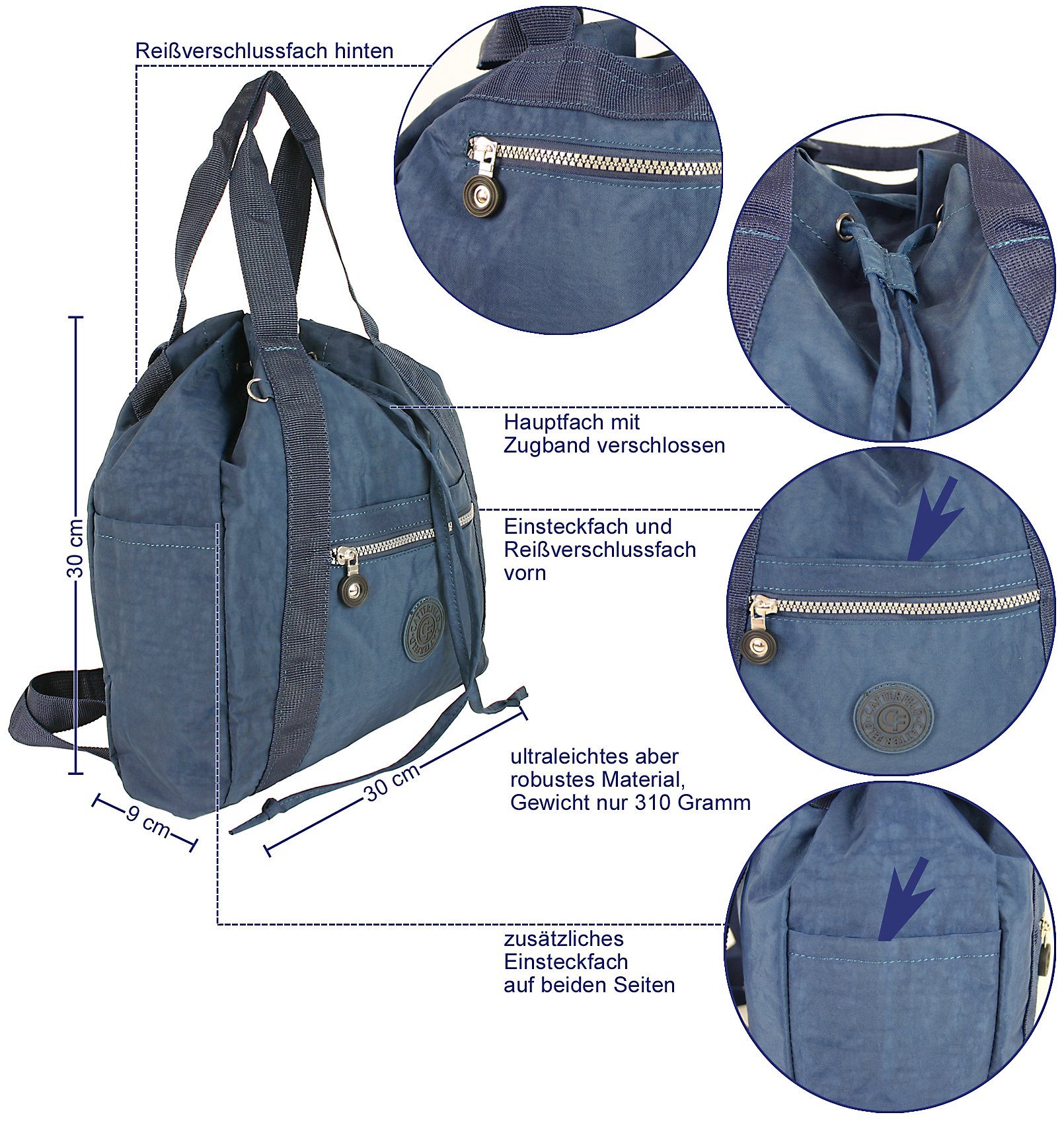 in 2in1 Handtasche Navy-Blau Cityrucksack und CATTERFELD leichter Freizeitrucksack/Schultertasche, Einem, CF Leicht