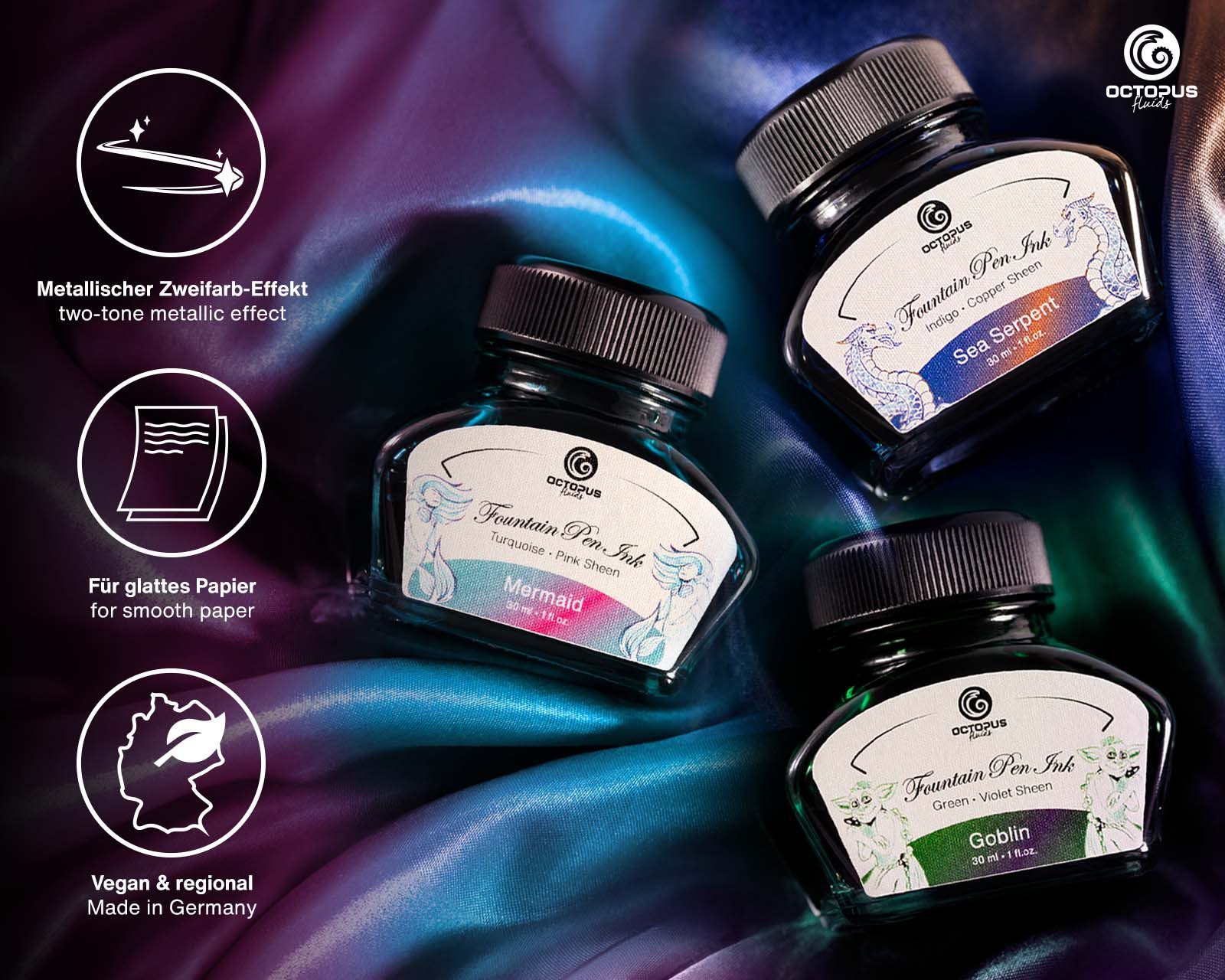 Thumbnail - OCTOPUS Fluids 3 x 30 ml Füllhaltertinte Sheen mit Konverter Tintenglas (Set, 0-tlg)
