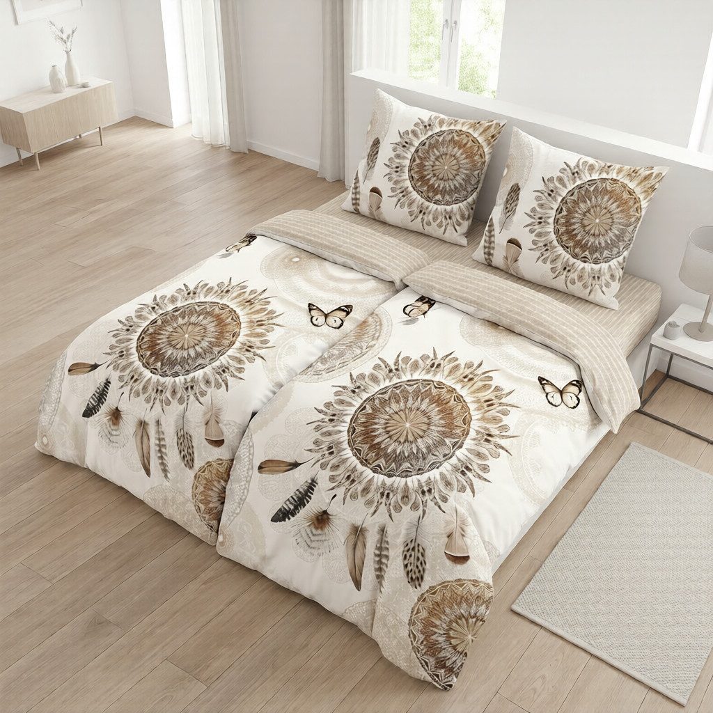 hip Bettwäsche Baumwolle, Renforcé, 2 teilig, Mandalas, Federn, Schmetterlinge, beige