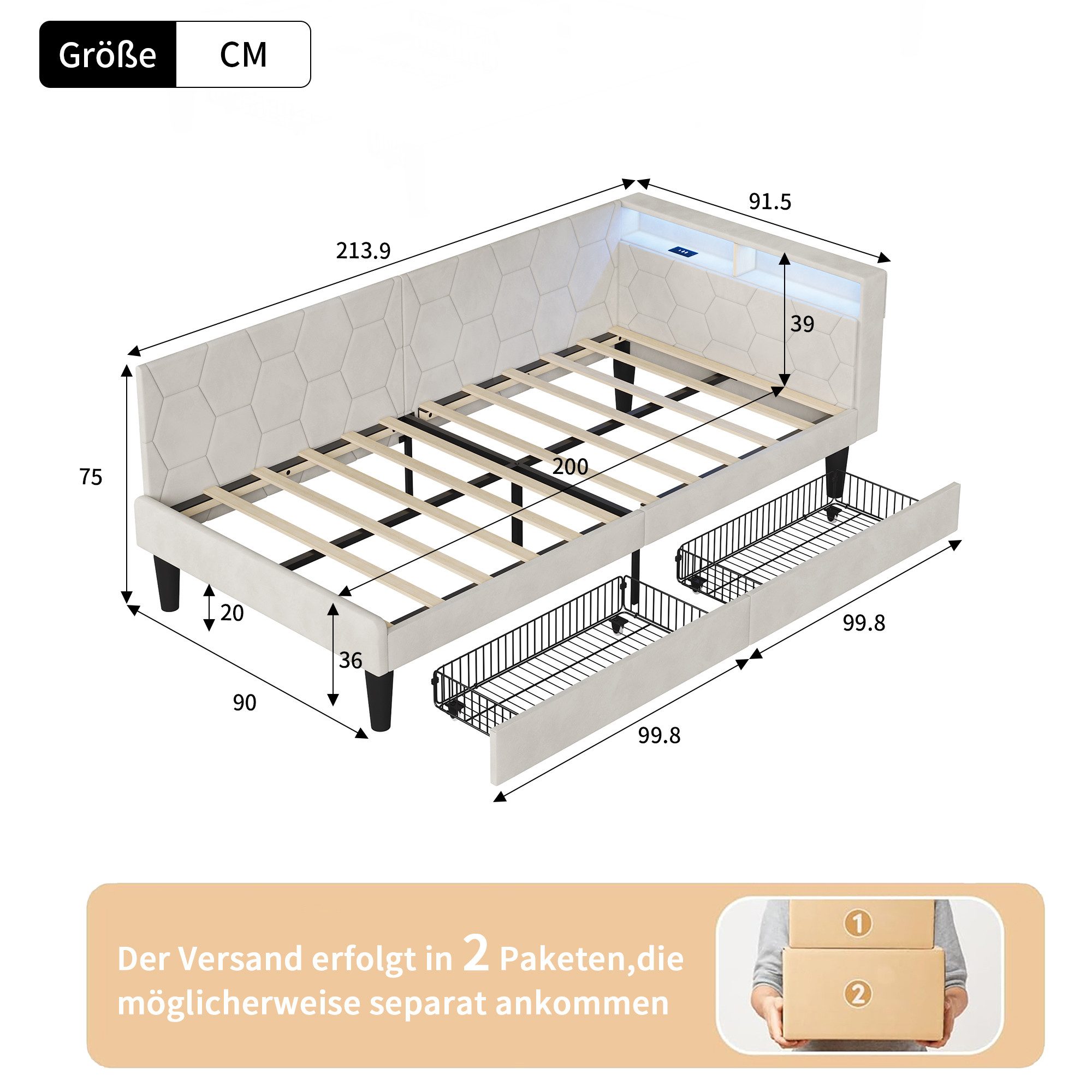 Gdood Polsterbett Daybett Tagesbett Ausziehbett LED 90 x 200 cm Samtstoff (1-tlg., LED-Beleuchtung, Ladestation, in 2 Größen verfügbar), 2 Schubladen, Kopfteil Verwandelt sich in ein Bett