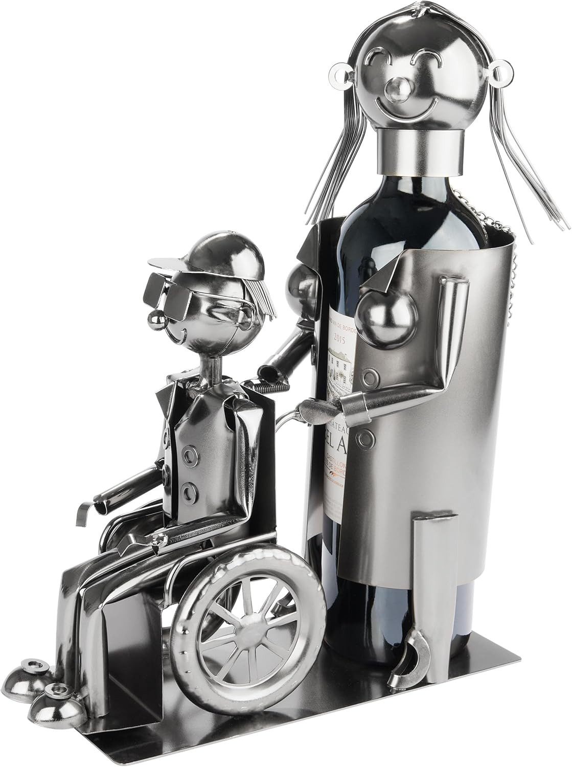 BRUBAKER Weinflaschenhalter Pflegerin mit Rollstuhlfahrer - Metall Skulptur mit Rollstuhl, (1-St., Flaschenständer mit Geschenkkarte), Wein Geschenk für Rollstuhlfahrer, Krankenpfleger und Altenpfleger